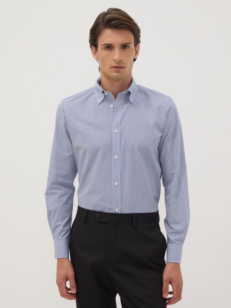 Blue striped cotton-blend button-down shirt, easy iron, slim fit_0