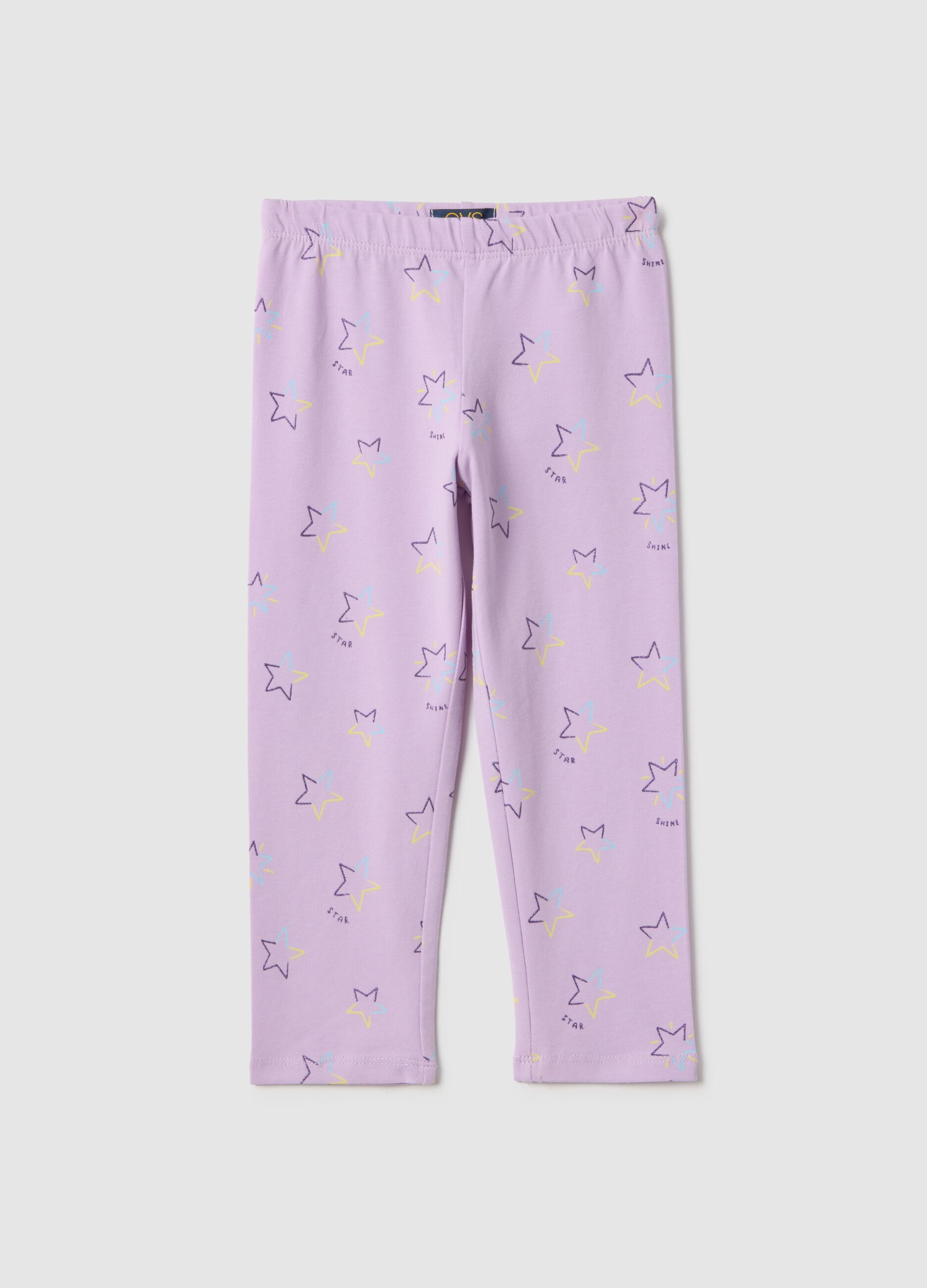Girls' Purple Stretch Cotton Skinny Fit Leggings with Stars