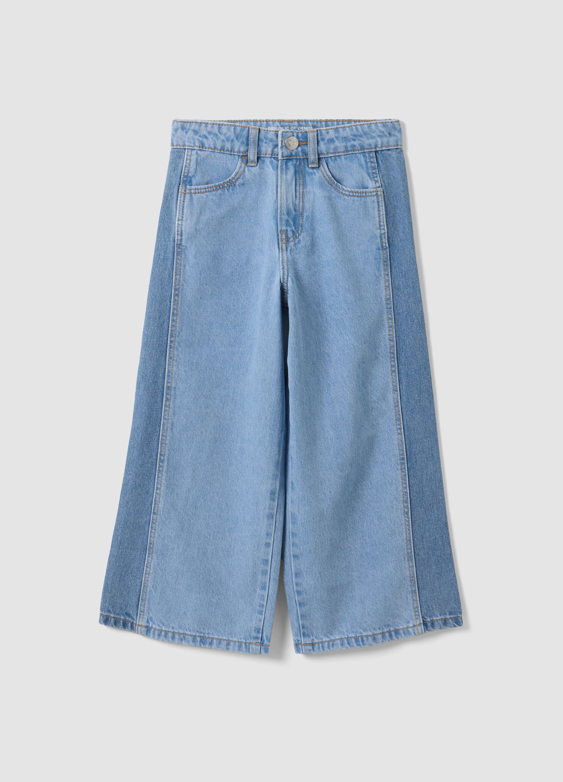 Light Blue Wide-Leg Pure Cotton Jeans for Girls