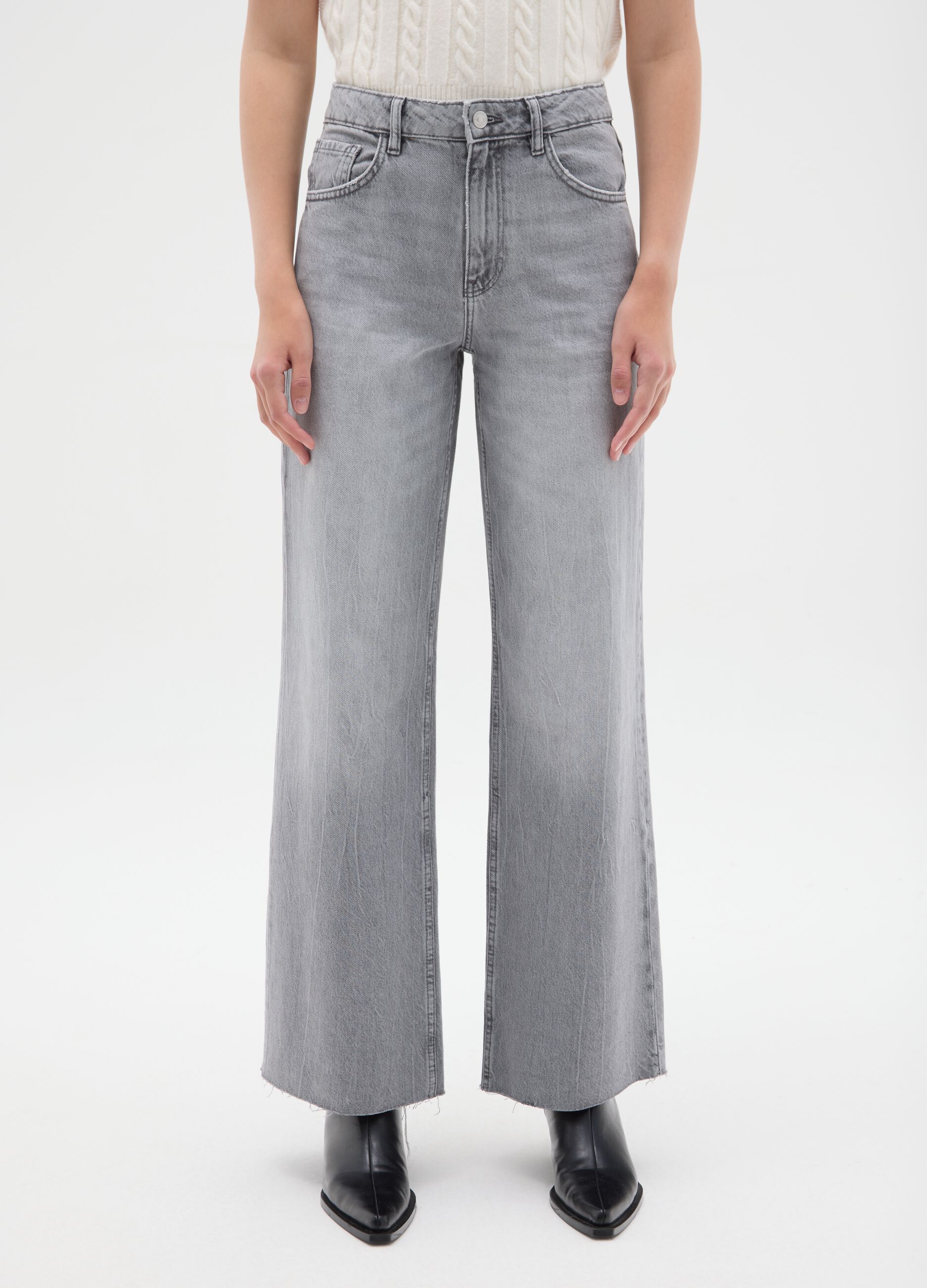 Grey Pure Cotton Wide Leg Jeans