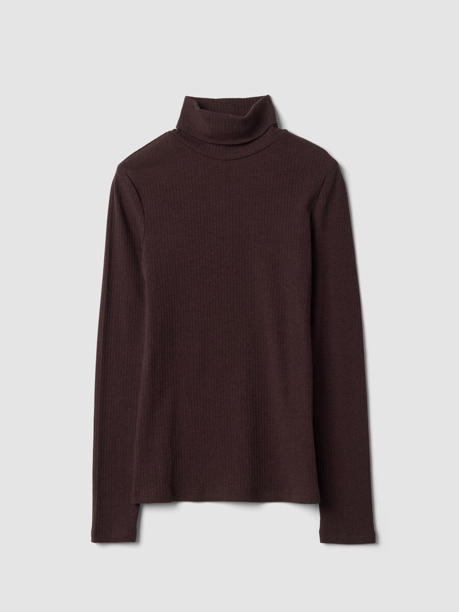 T-shirt marrone in cotone elasticizzato a costine girocollo regular fit_0