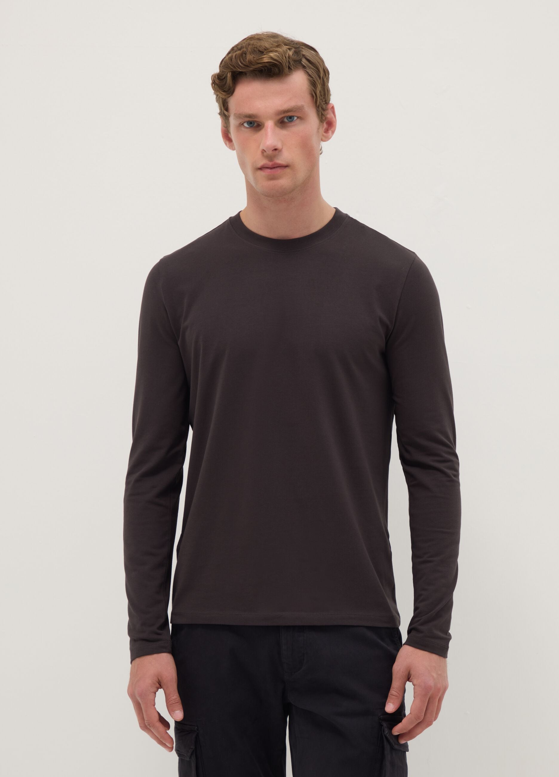 Brown long-sleeve T-shirt in stretchy cotton regular fit