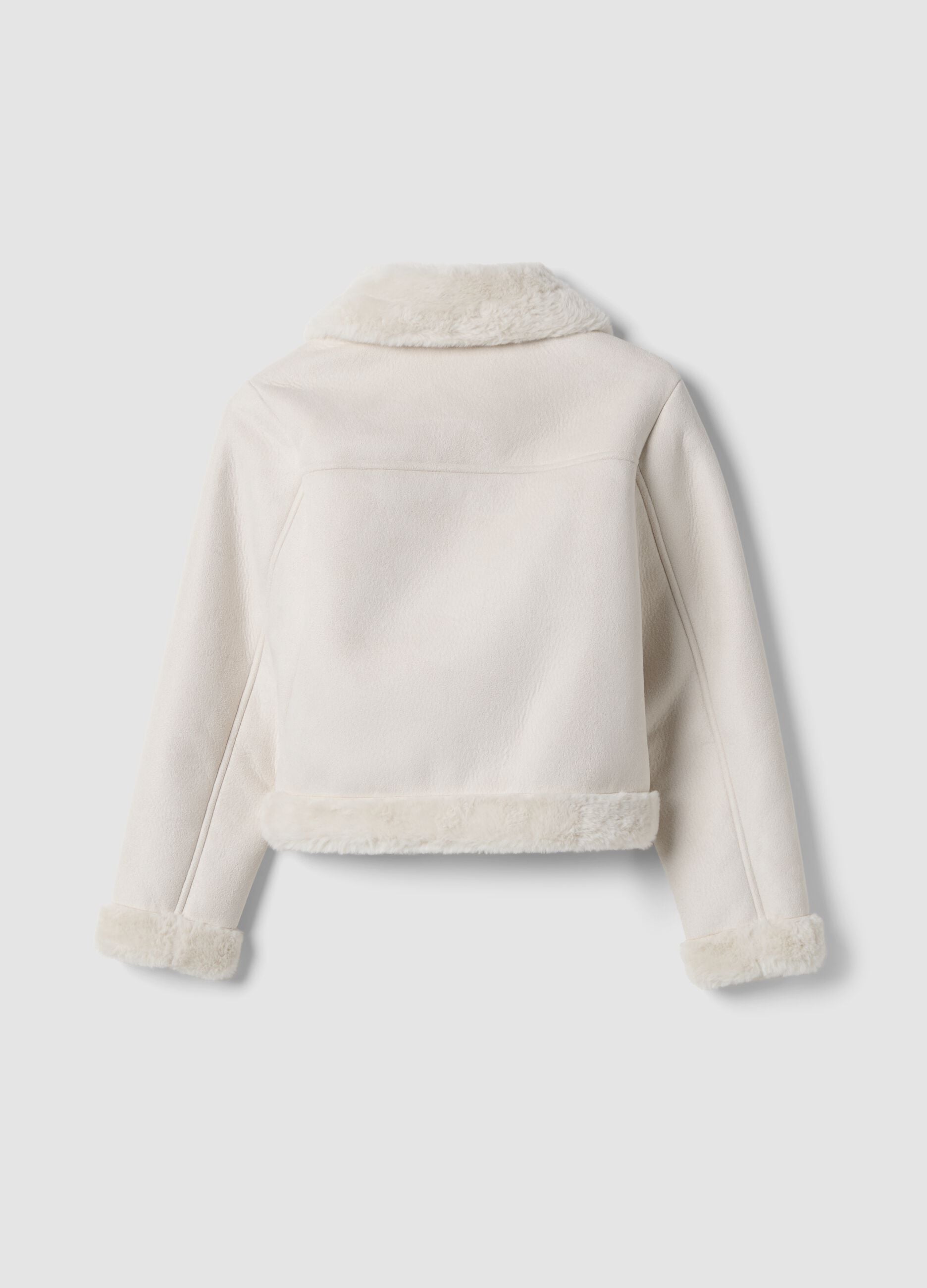 White slim-fit jacket with diagonal zip and shearling-effect trims