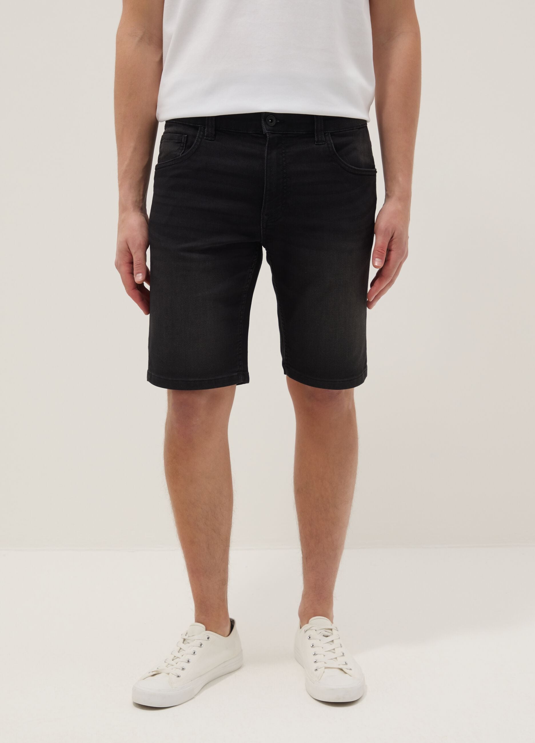 Slim fit black stretch denim cotton blend shorts