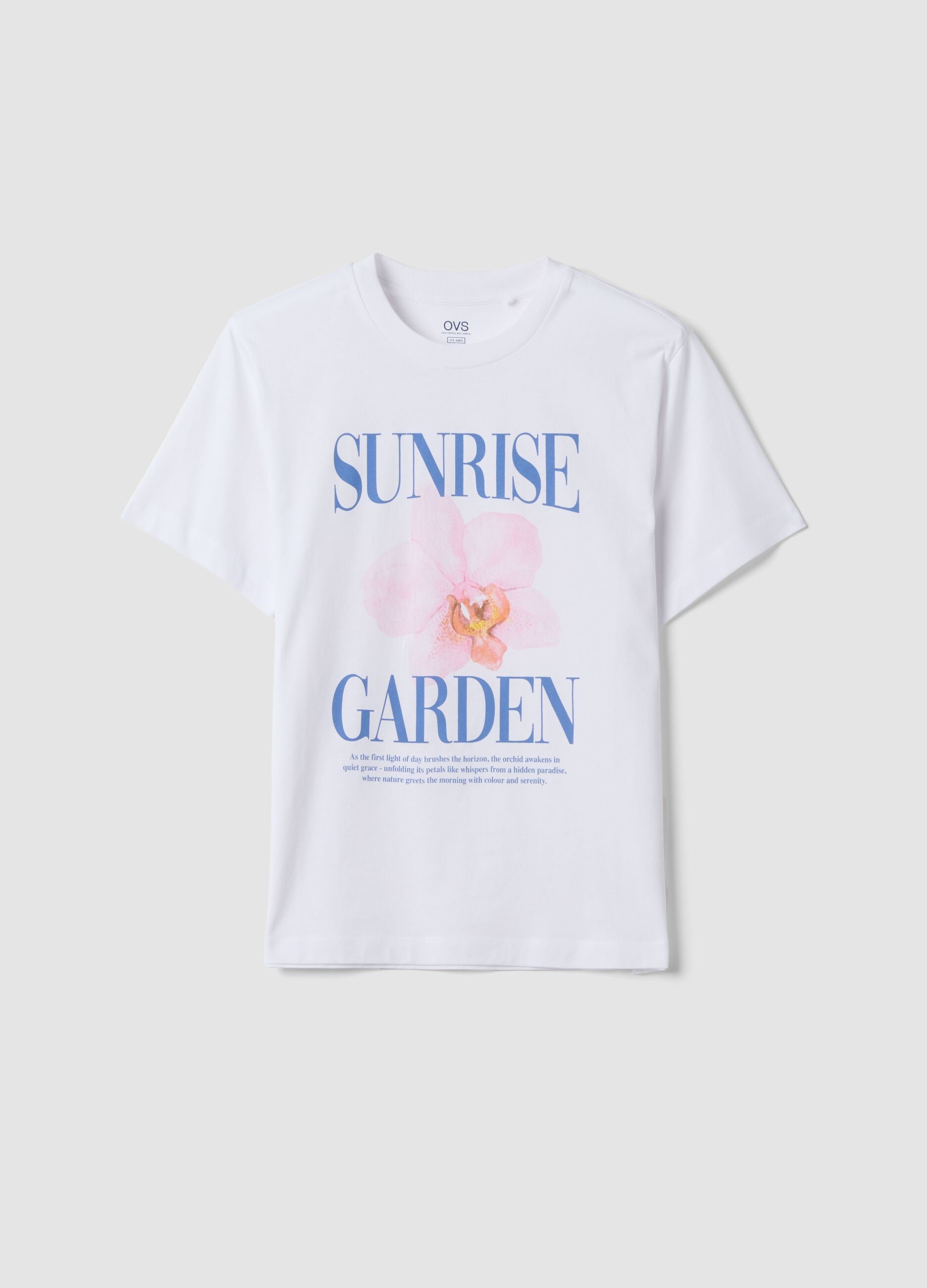 White pure cotton T-shirt with floral print, regular fit