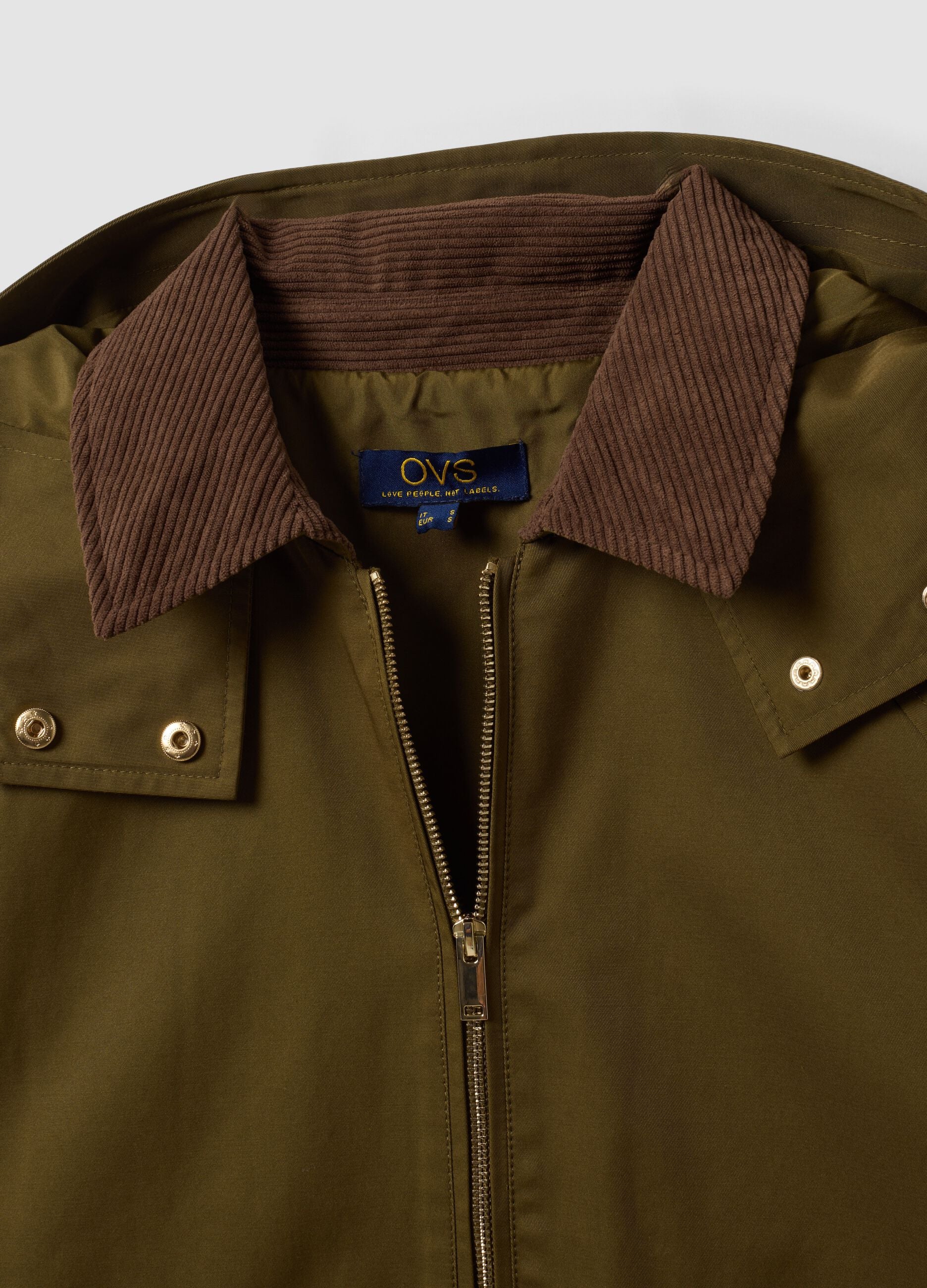 Green cotton-blend parka jacket with hood and ribbed collar