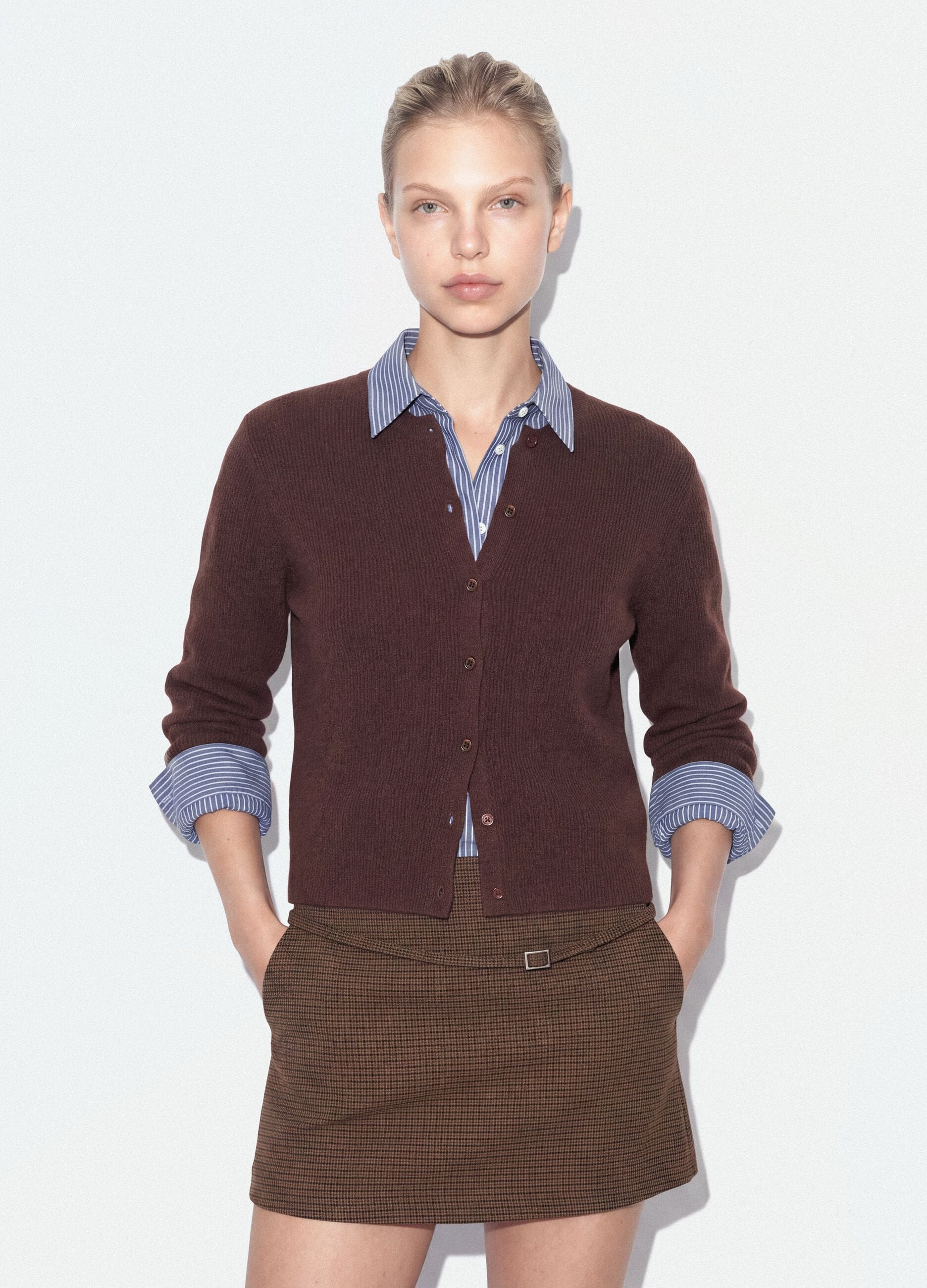 Brown crew-neck cardigan in lyocell and wool blend, oversized fit