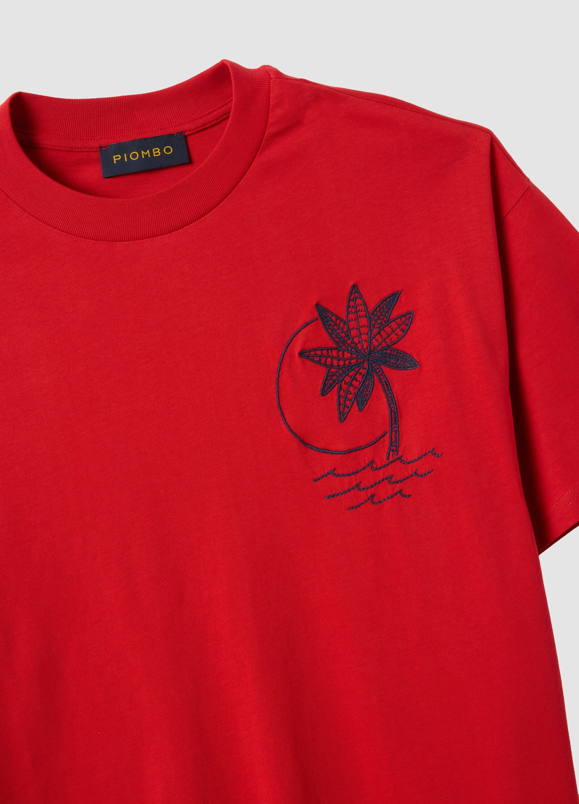 Red pure cotton relaxed-fit T-shirt with embroidery