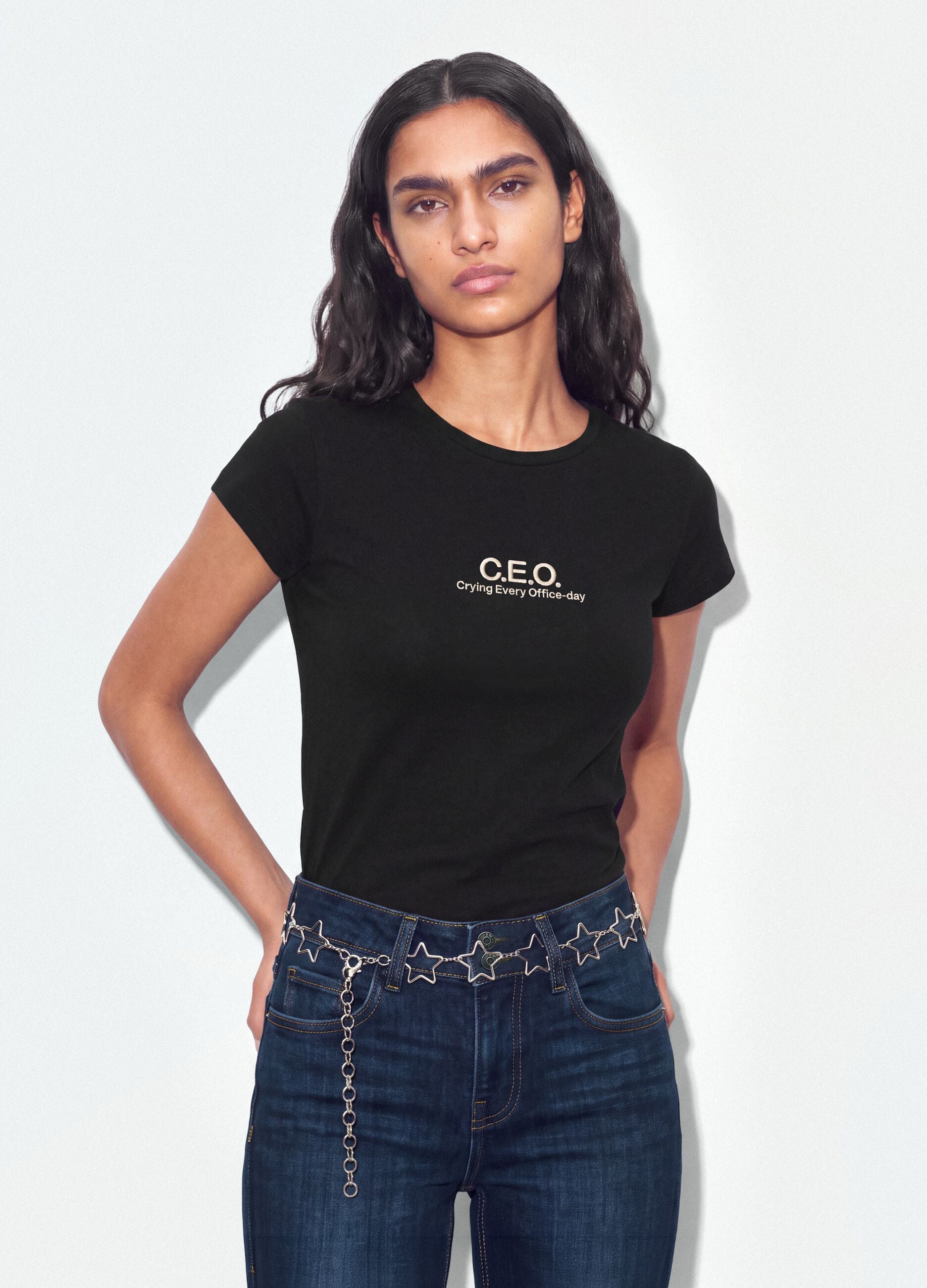 Black pure cotton crew-neck T-shirt with slogan