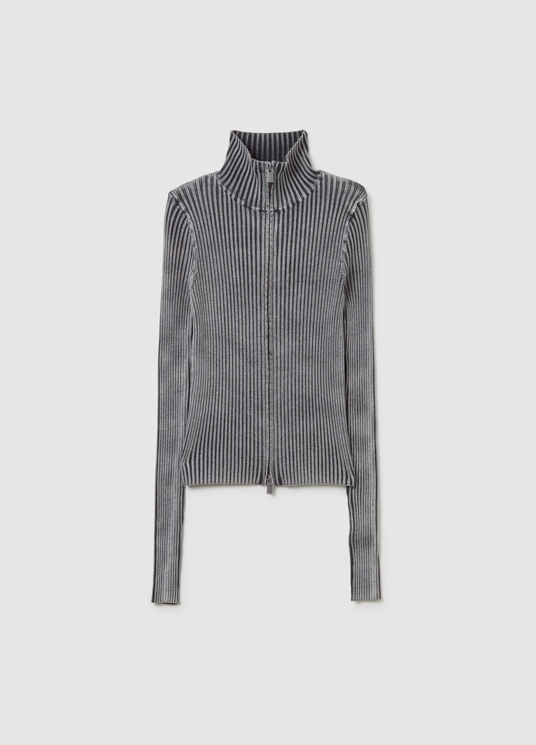 Full-Zip Ribbed Knit Vintage Grey