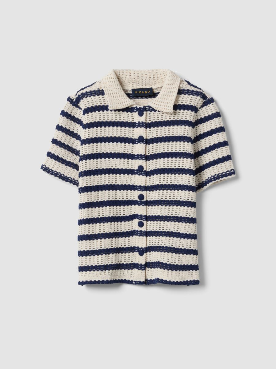 Polo a righe bianche e blu in crochet di cotone elasticizzato_4