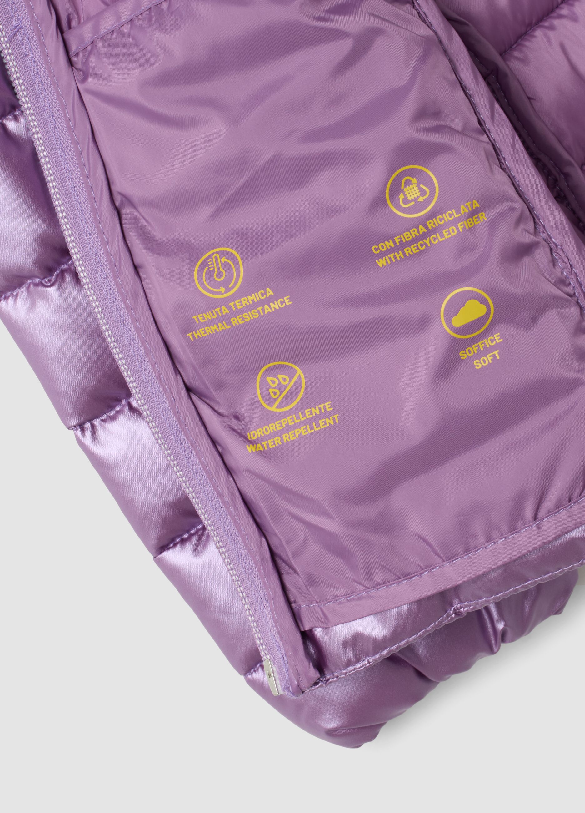 Purple Ultralight padded jacket with hood and zip for girls