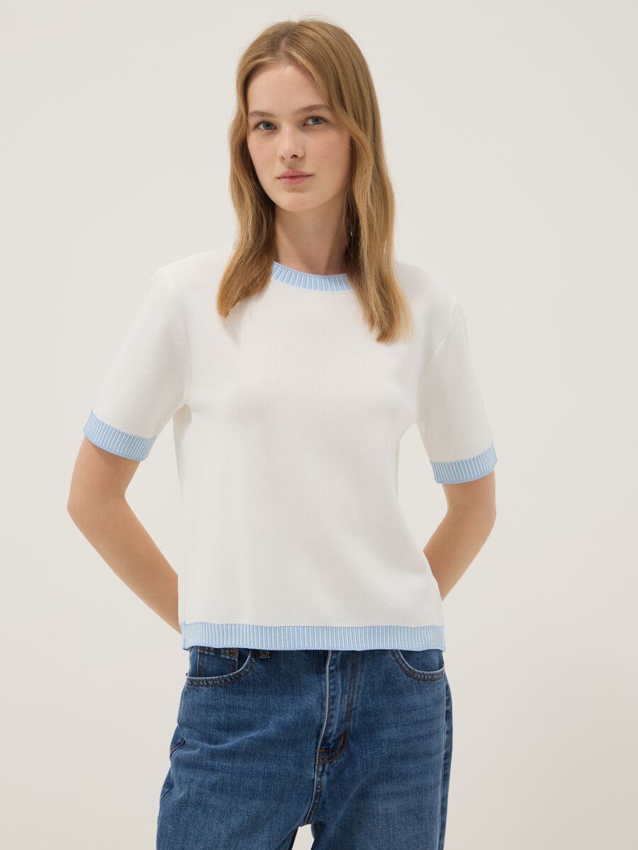 White viscose-blend T-shirt with contrast trims_1