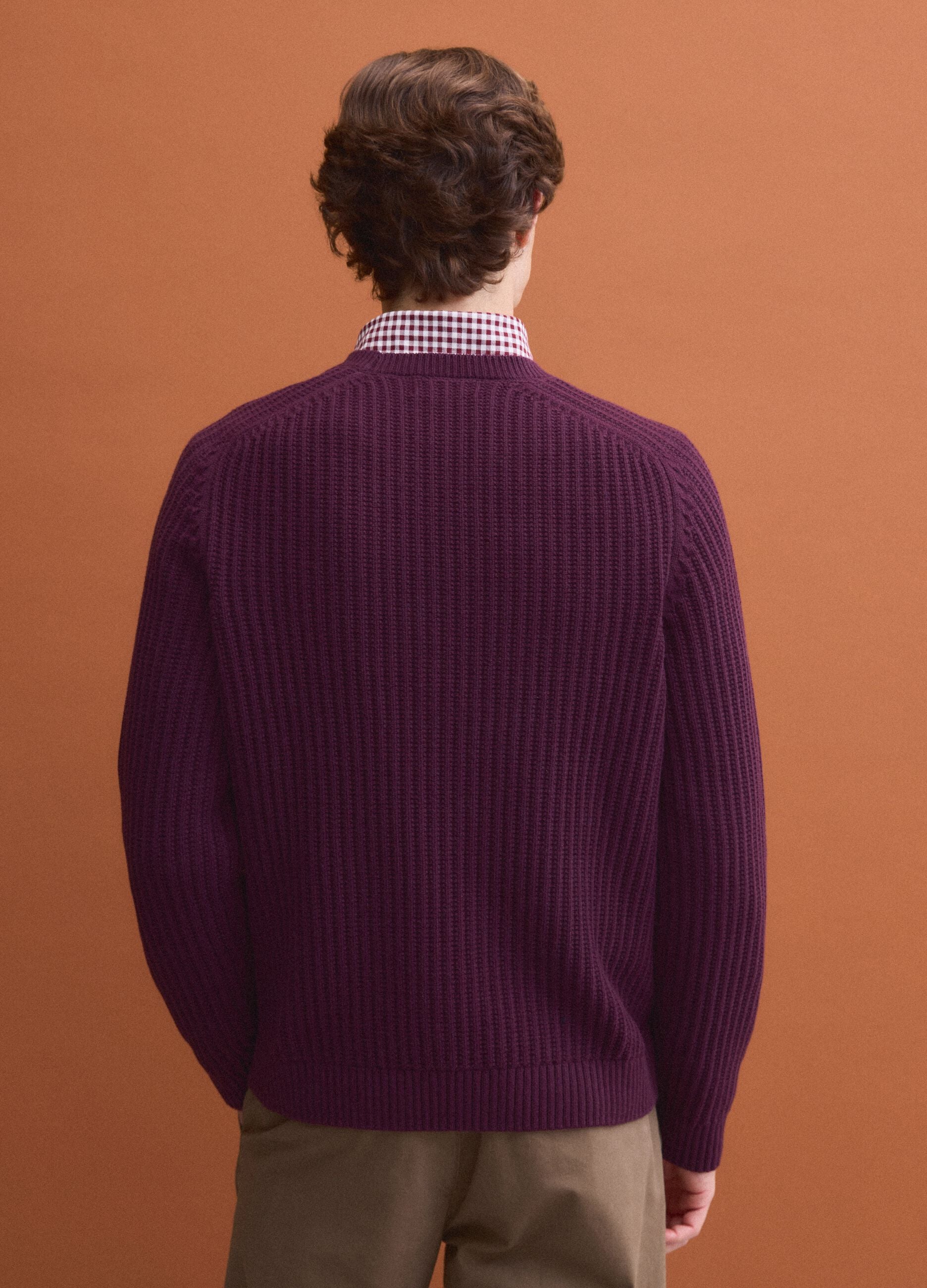 Purple ribbed cotton-blend crew-neck jumper, regular fit