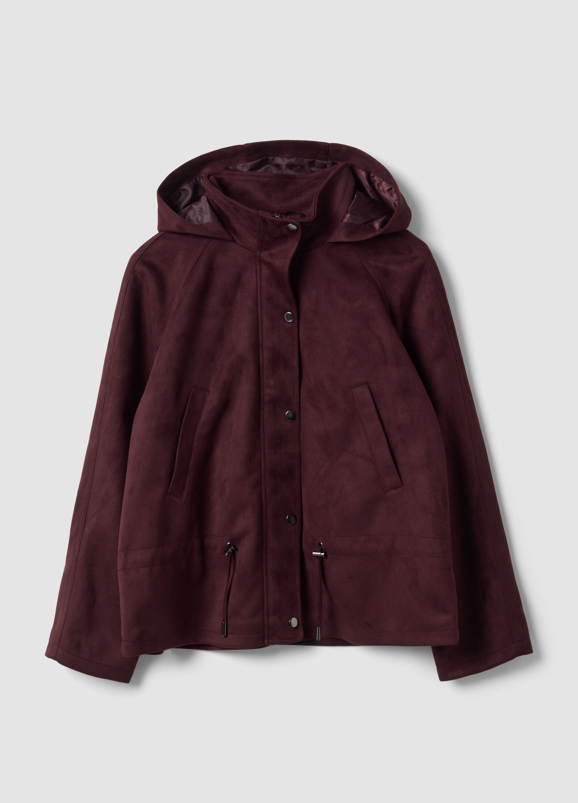 Purple hooded parka with zip and press-stud fastening
