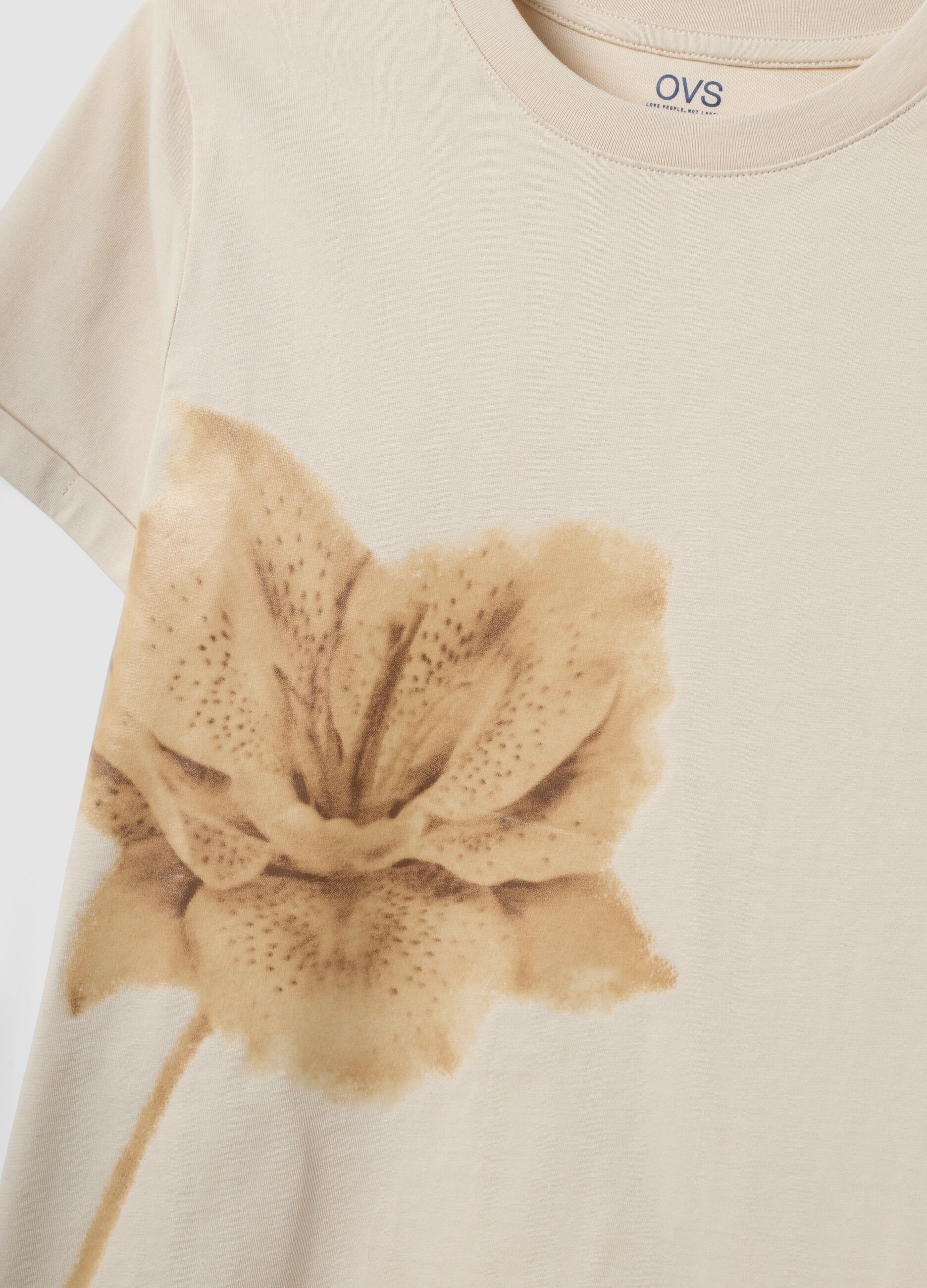 Beige pure cotton crew-neck T-shirt with floral print, regular fit