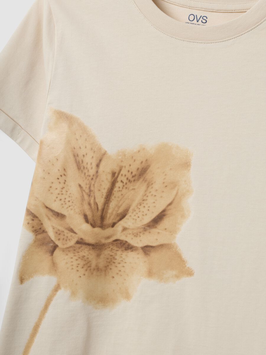 Beige pure cotton crew-neck T-shirt with floral print, regular fit_5