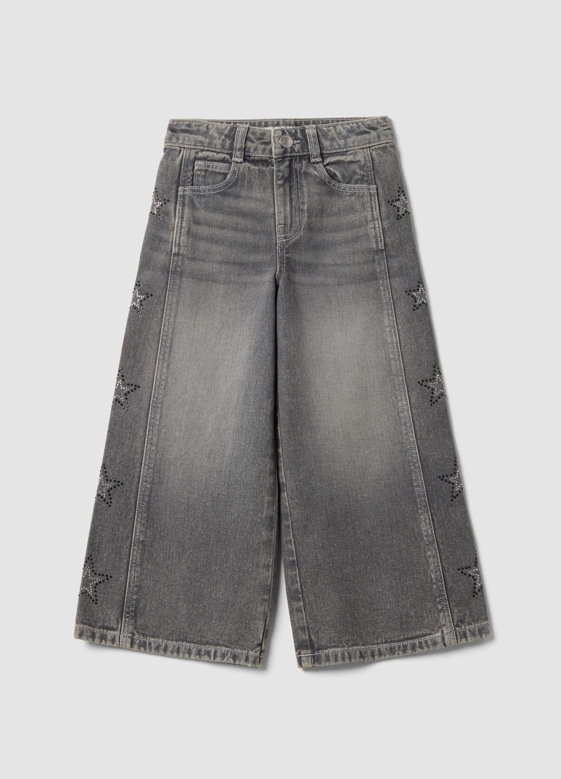 Grey wide-leg pure cotton jeans with star details for girls
