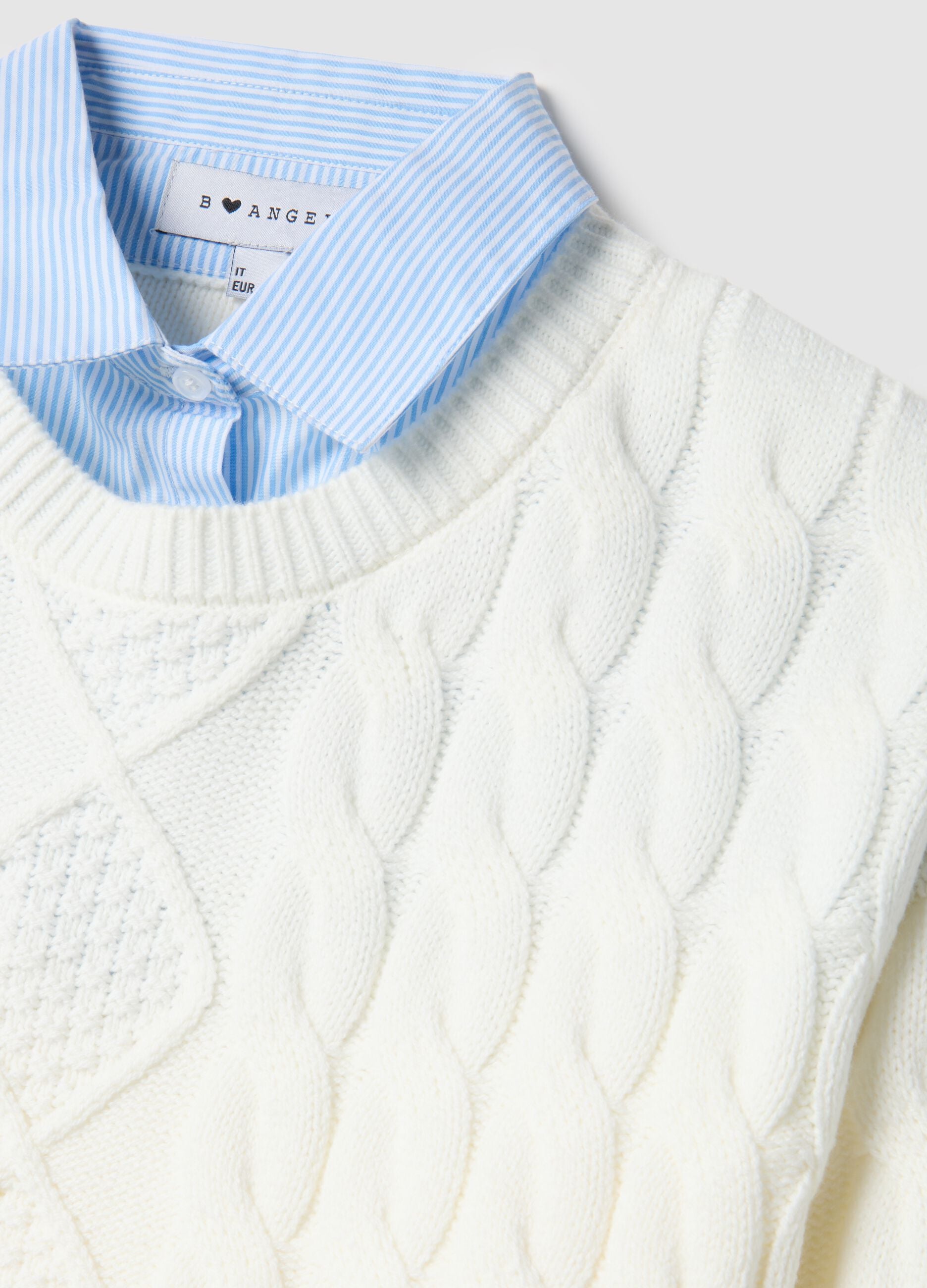 White cotton blend sweater regular fit with cable knit pattern