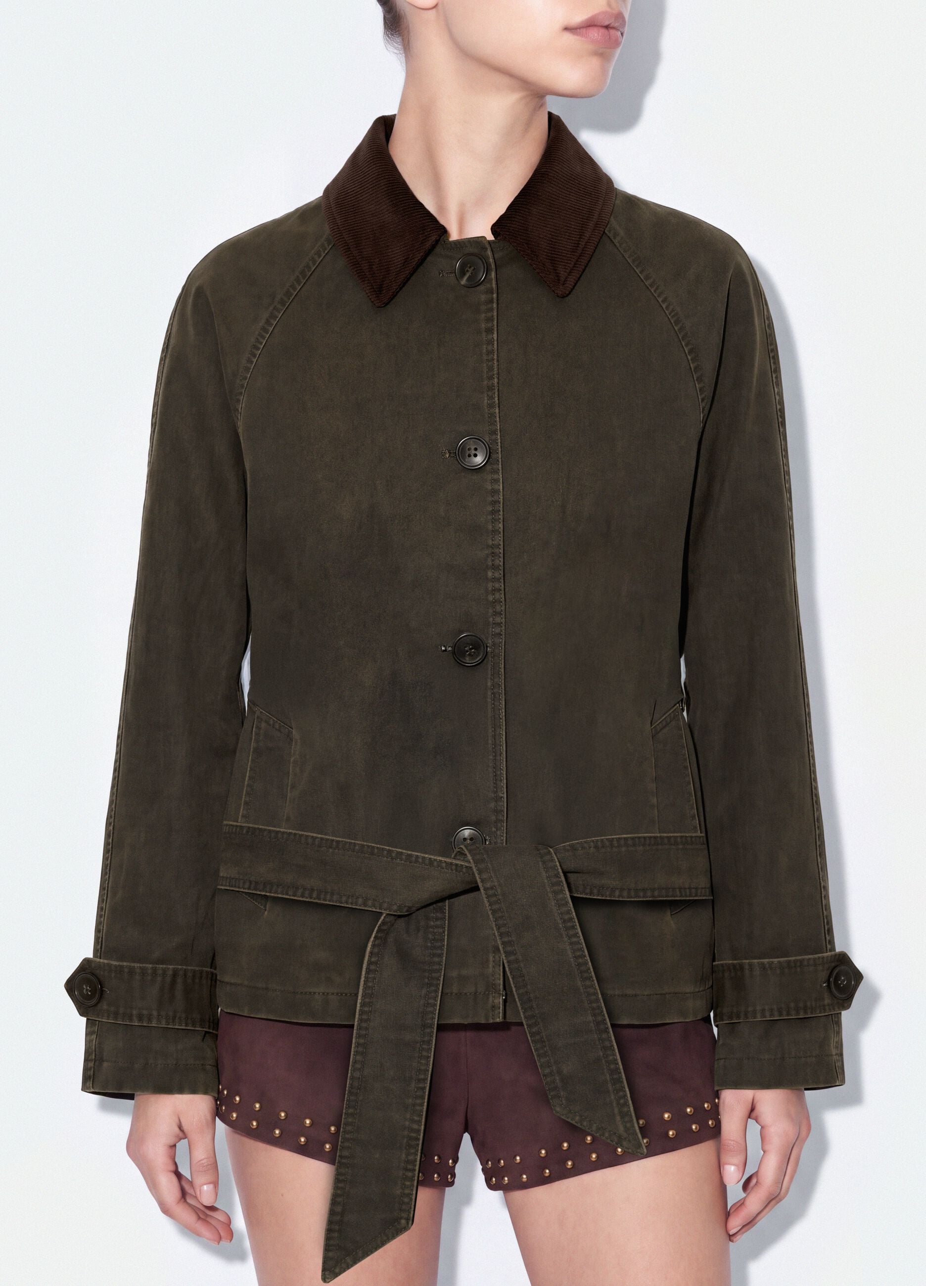 Green cotton-blend trench coat with contrasting collar, regular fit