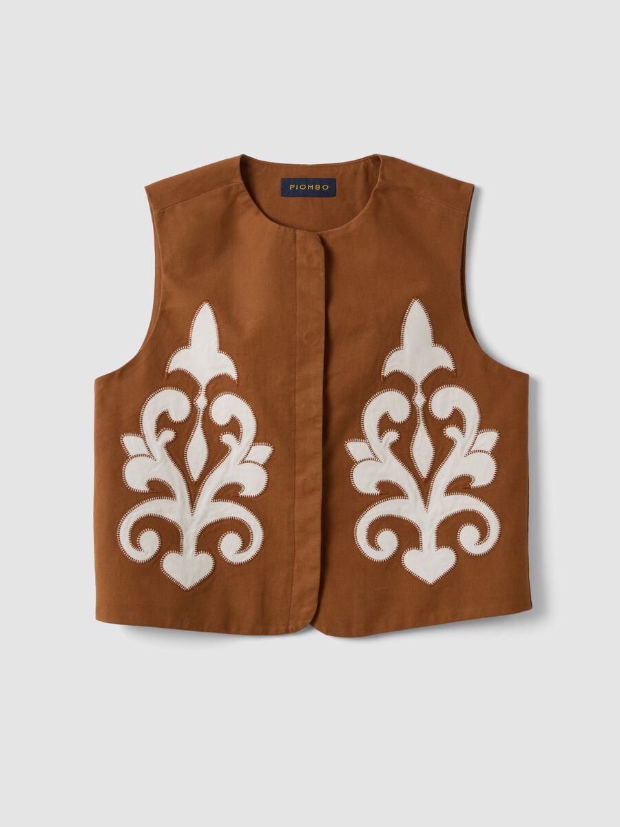 Gilet marrone in misto lino e lyocell con ricami applicati_4
