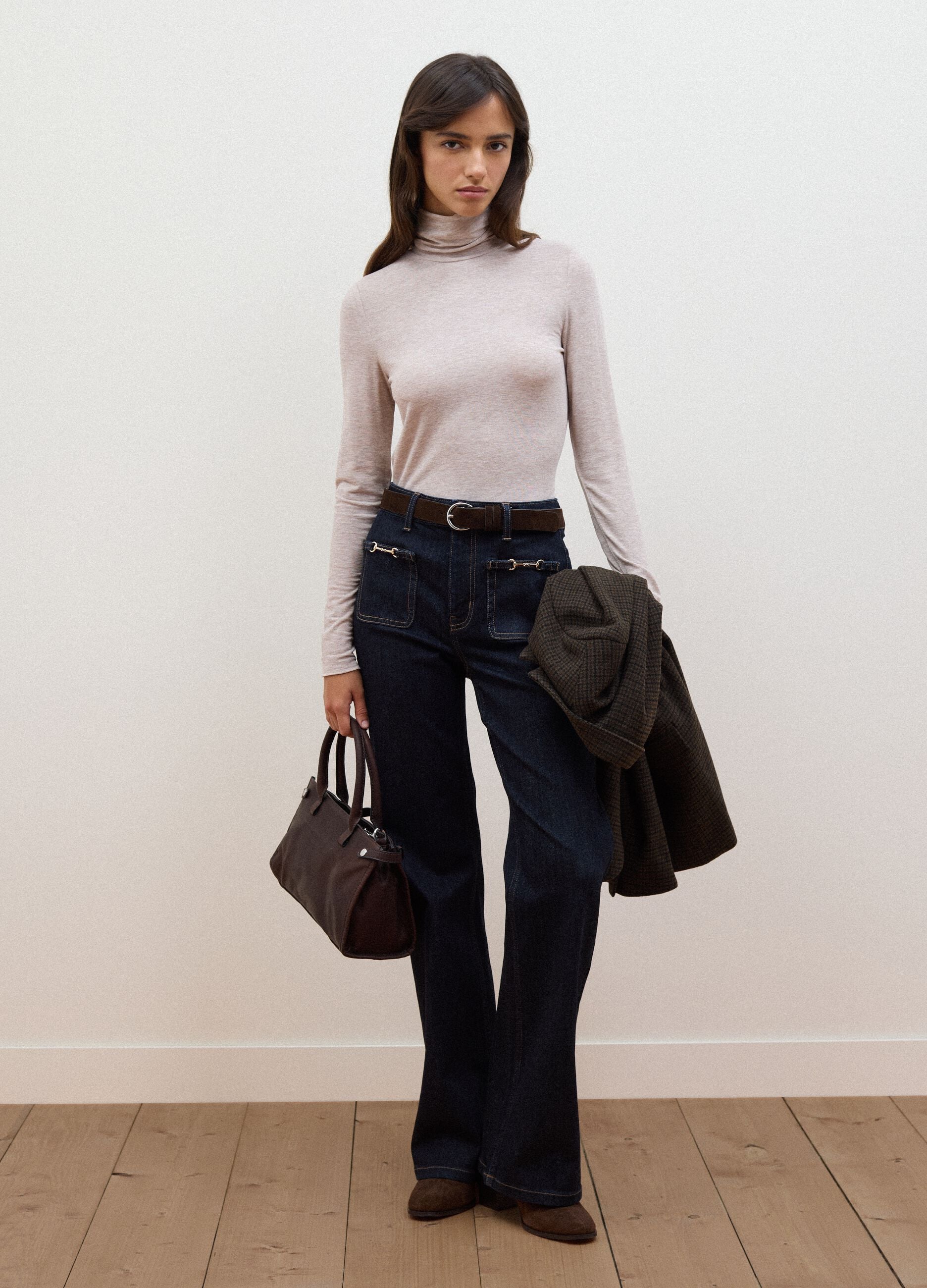 Beige modal and stretch wool T-shirt with raised collar, regular fit