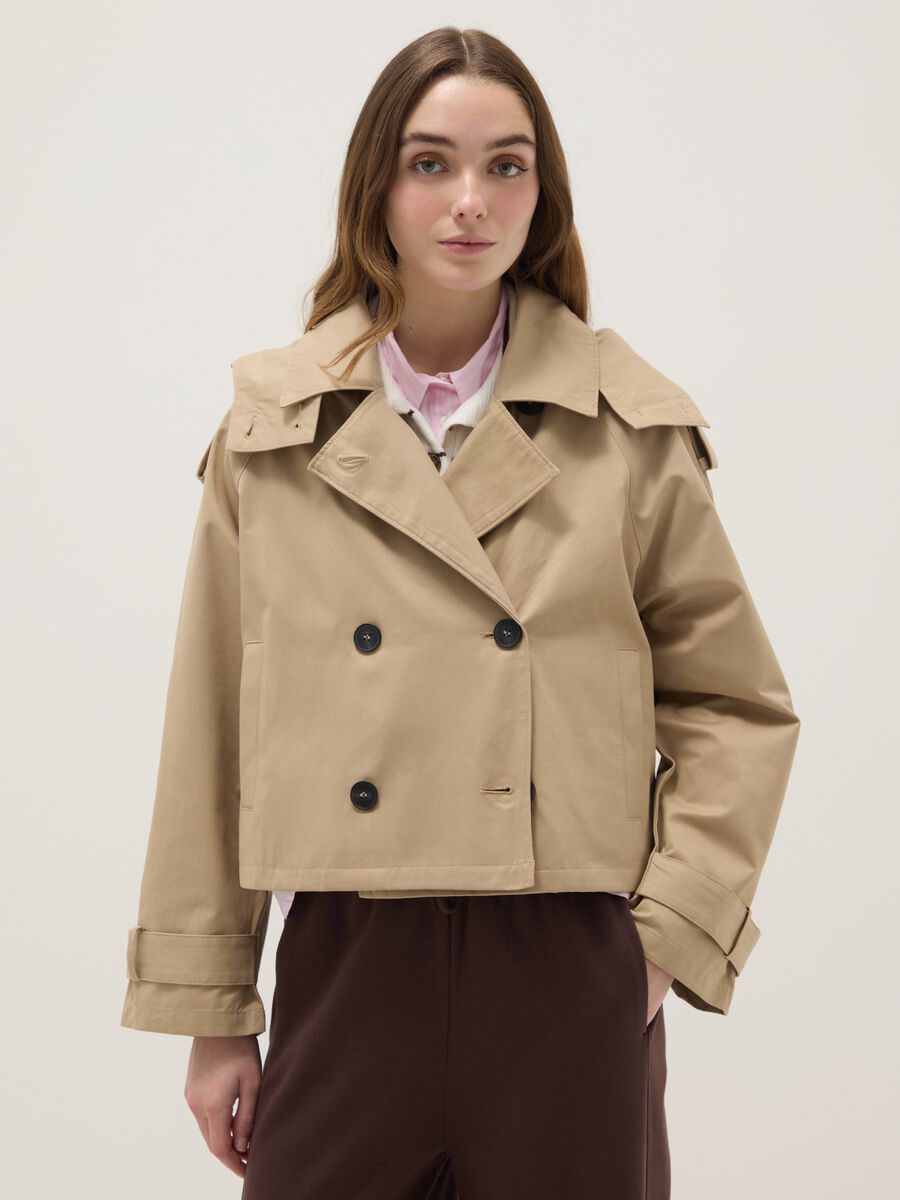 Beige cotton blend regular fit jacket with hood_0