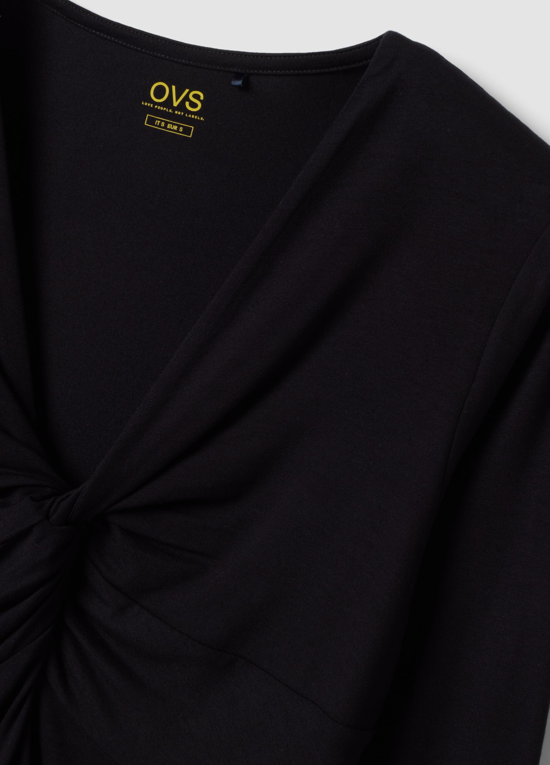 Black stretch viscose slim-fit T-shirt with front ruching