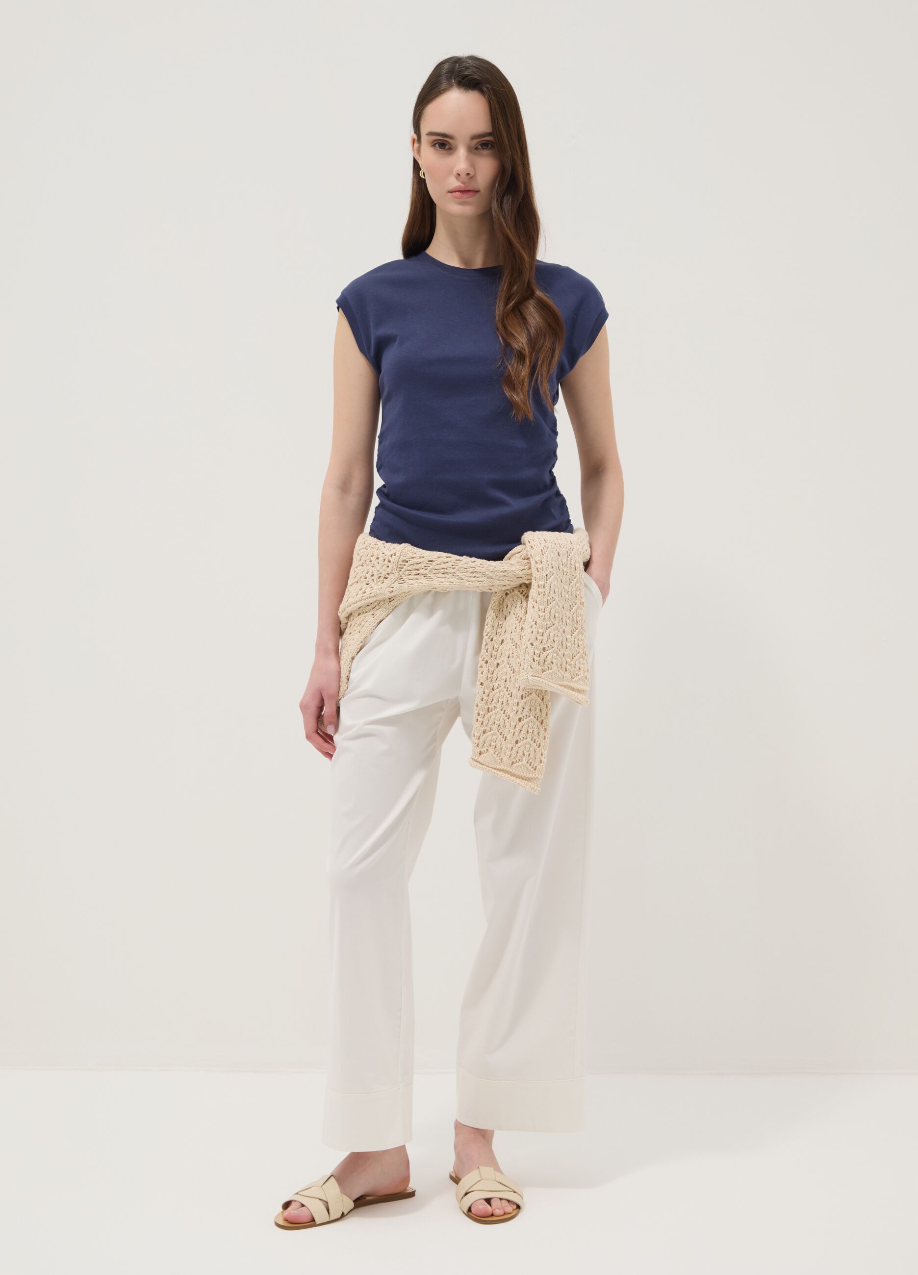 Blue pure cotton tank top with side ruching, regular fit