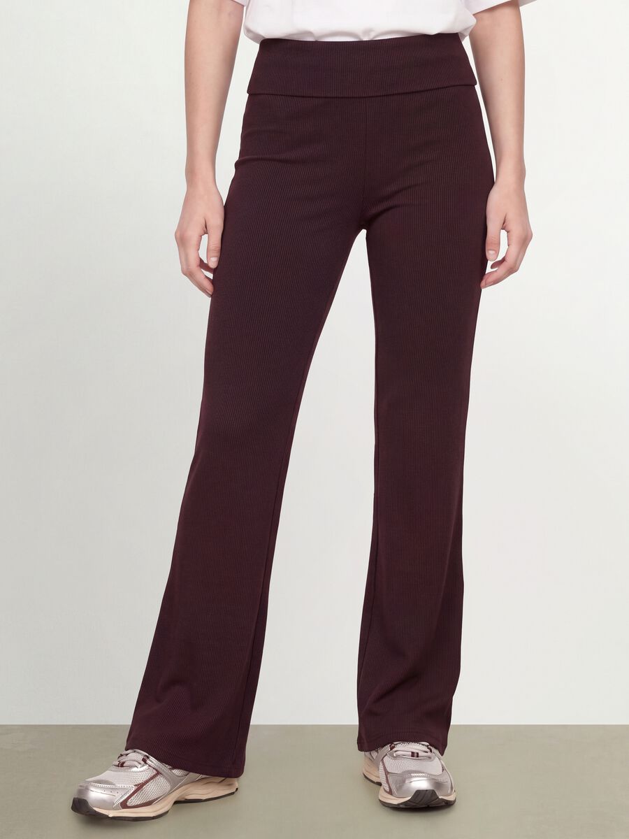 Brown ribbed pure cotton flared leggings_3