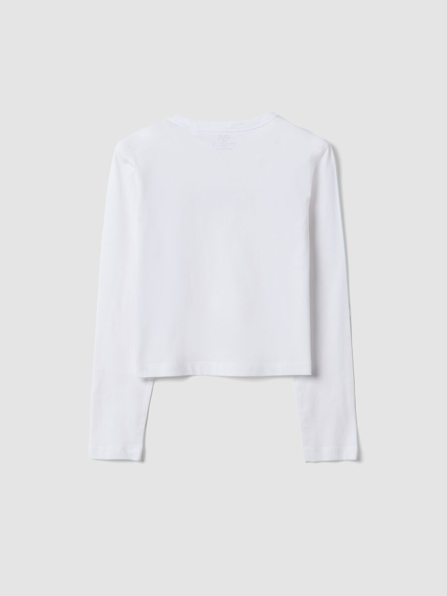 White organic cotton cropped T-shirt with ribbed neckline for girls_5