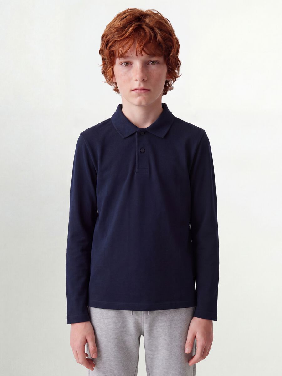 Polo blu in piquet di puro cotone organico regular fit per ragazzo_0