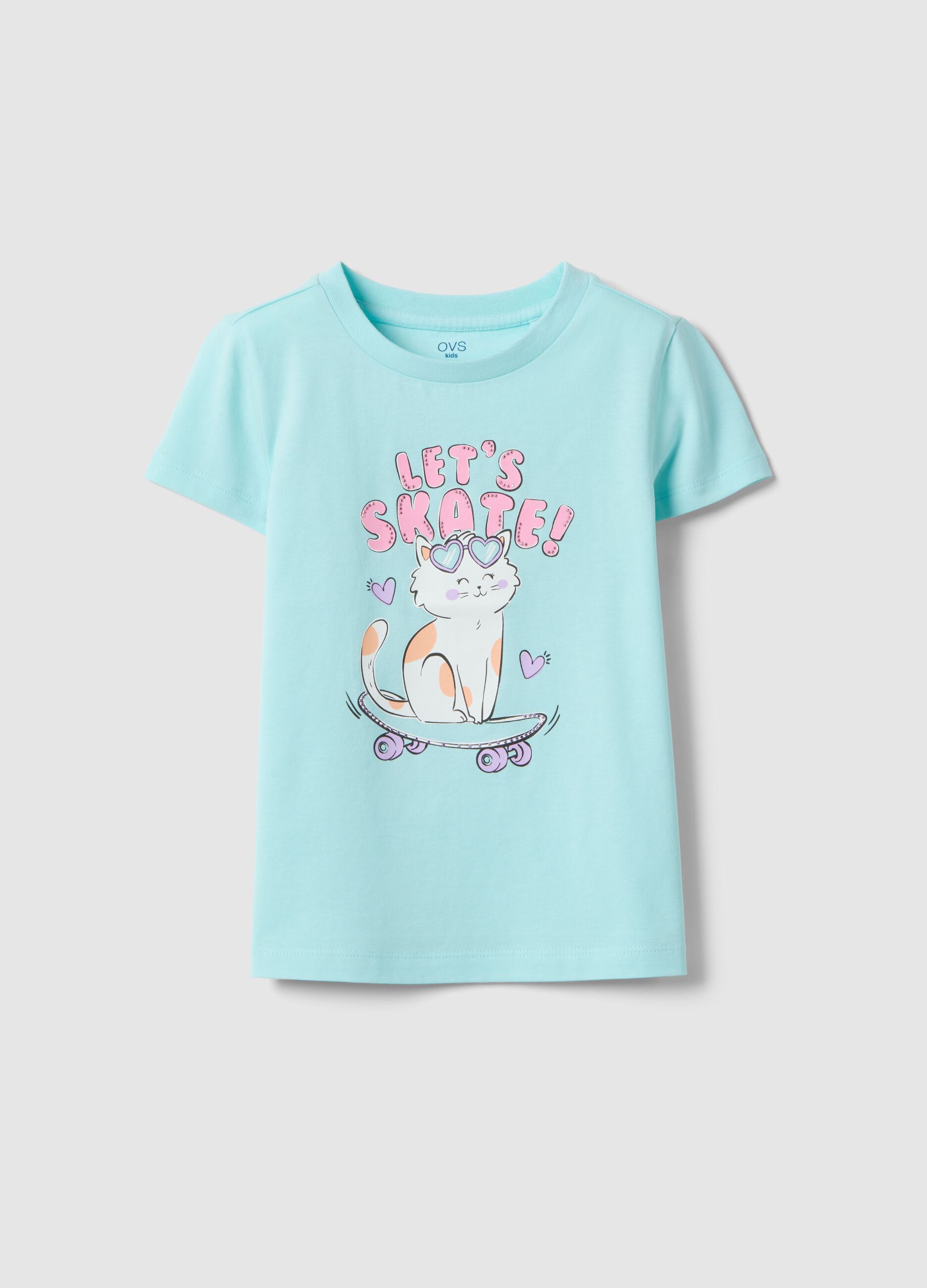 Girls' pure cotton blue T-shirt, regular fit with print
