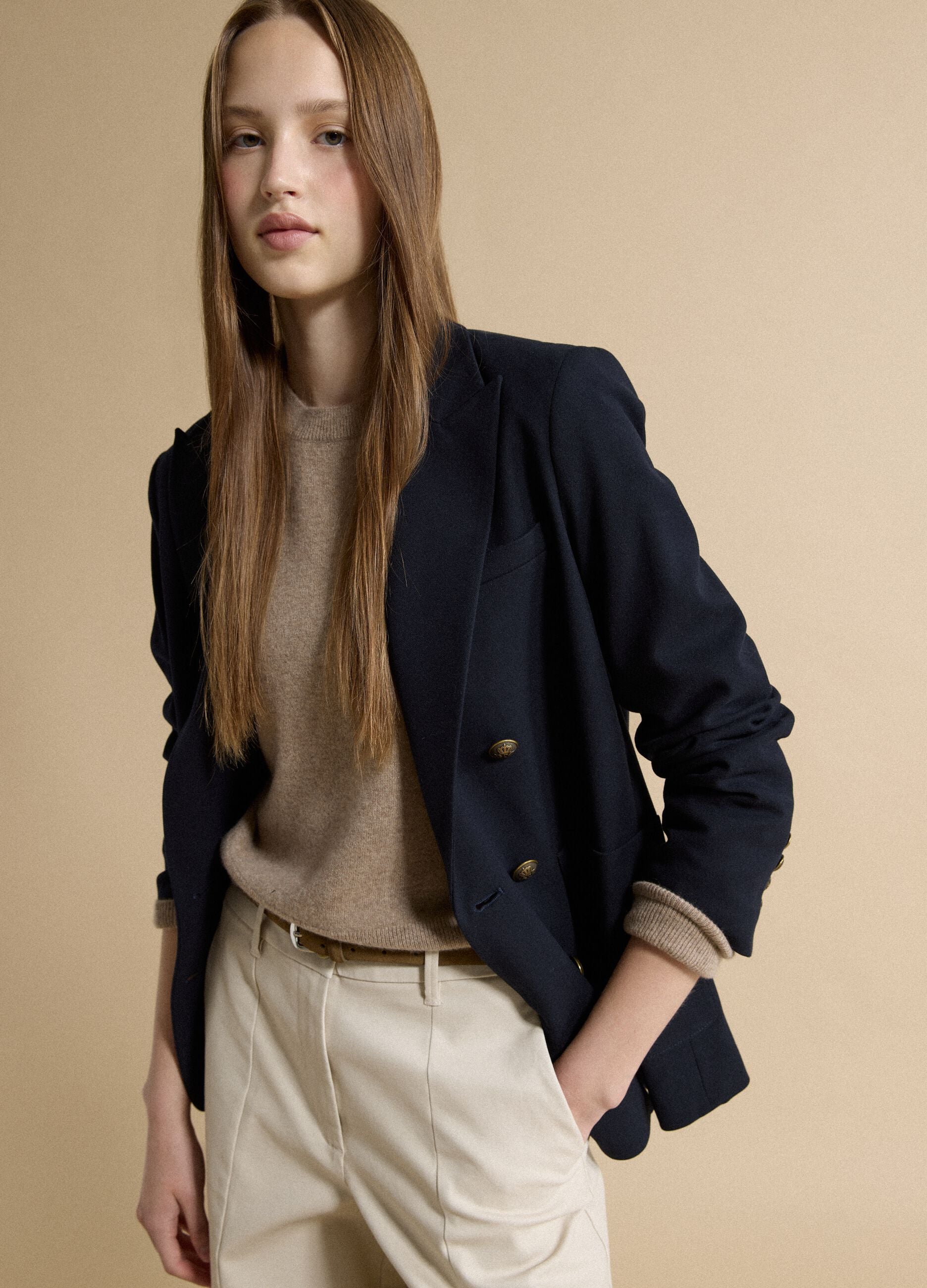 Blue stretch-viscose double-breasted blazer, regular fit