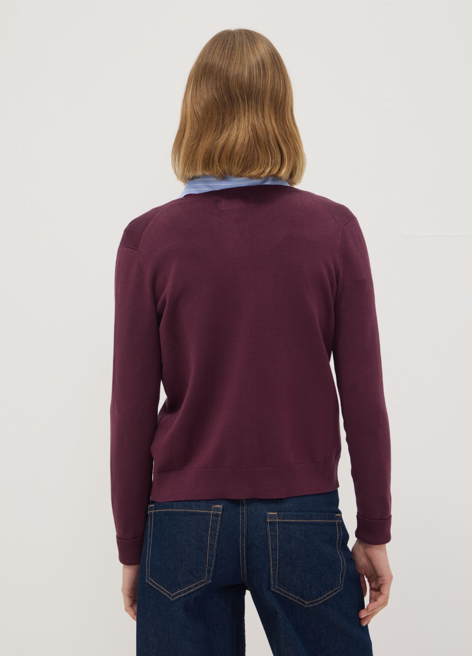 Purple viscose-blend crew-neck cardigan, regular fit