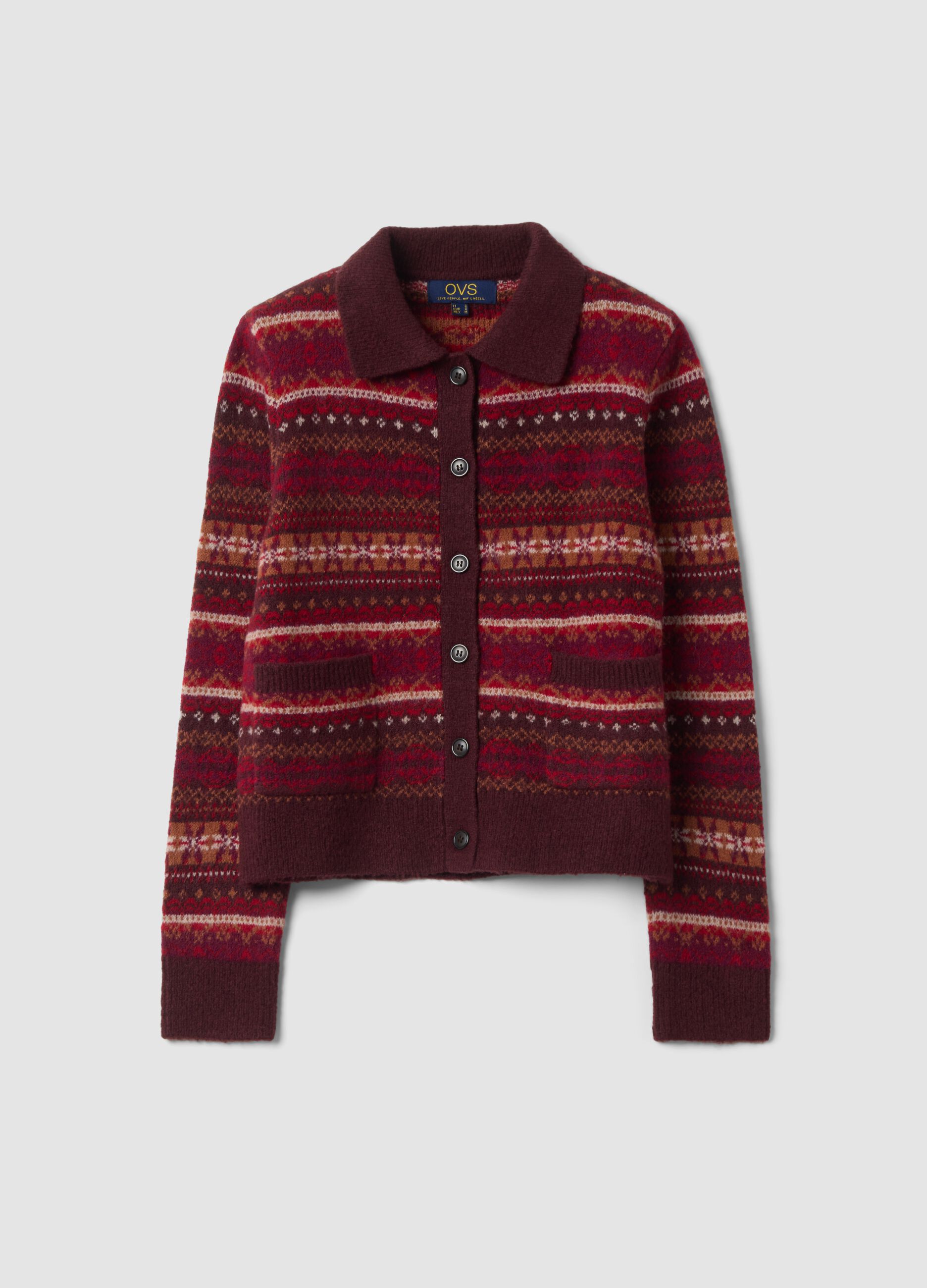 Red stretch wool cardigan with polo collar, regular fit