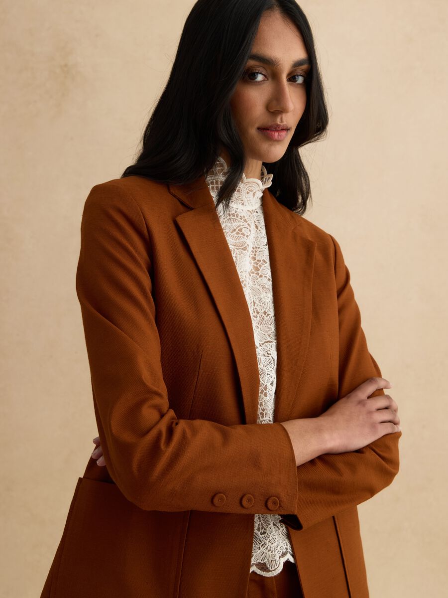 Brown Cotton and Linen Regular Fit Blazer_0