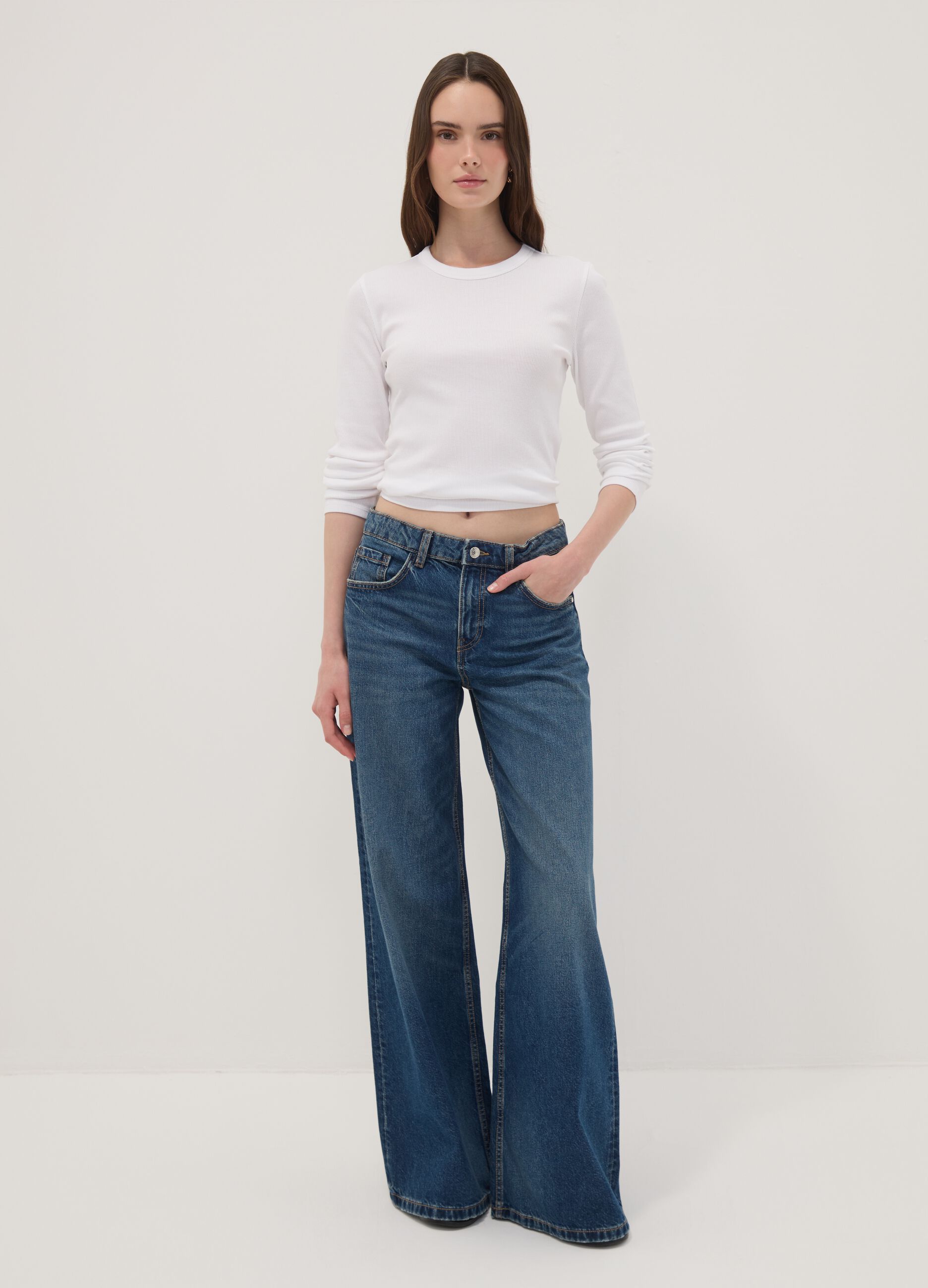 Blue pure cotton low-rise wide-leg jeans