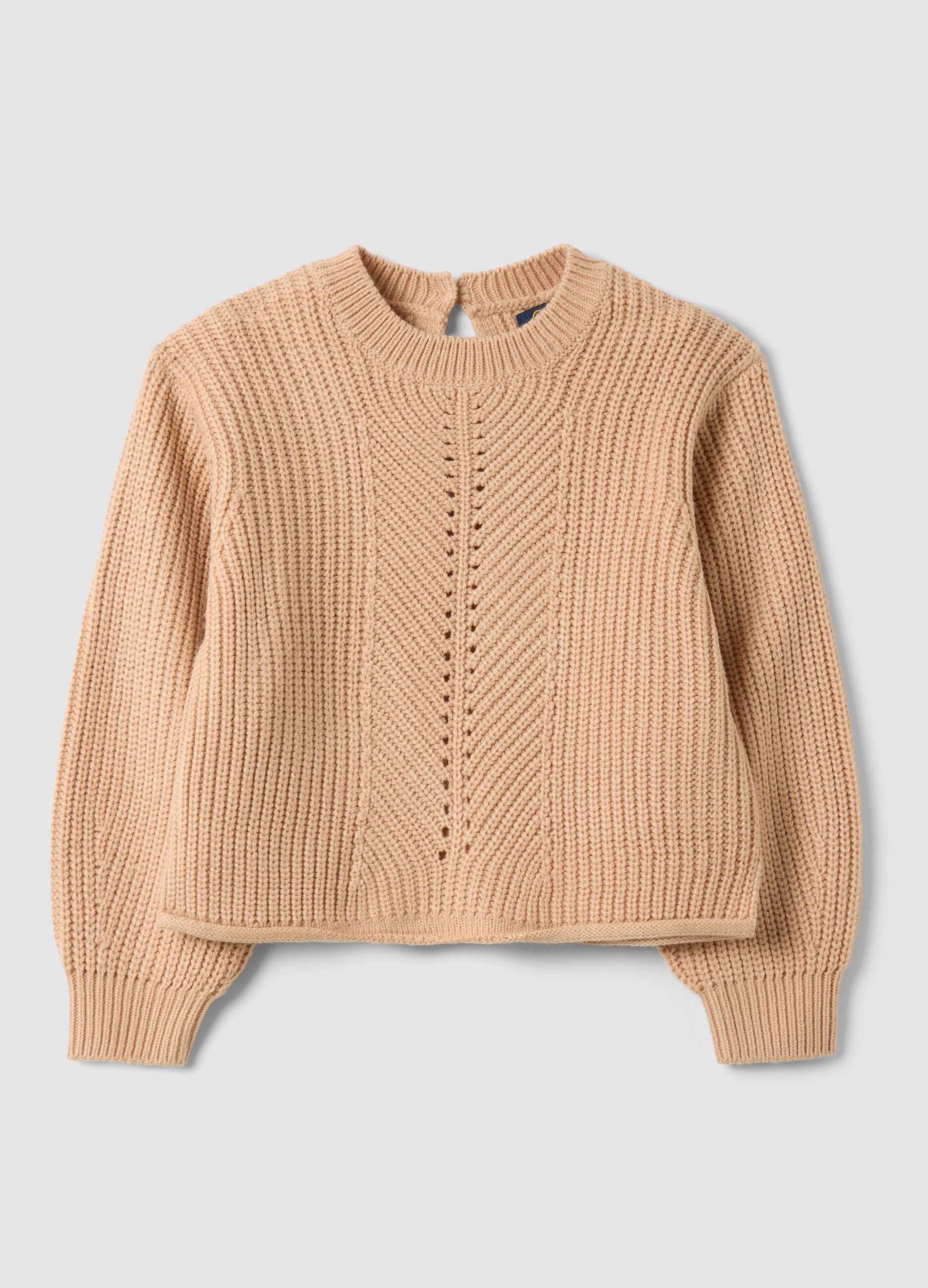 Beige knit jumper with openwork crew neck