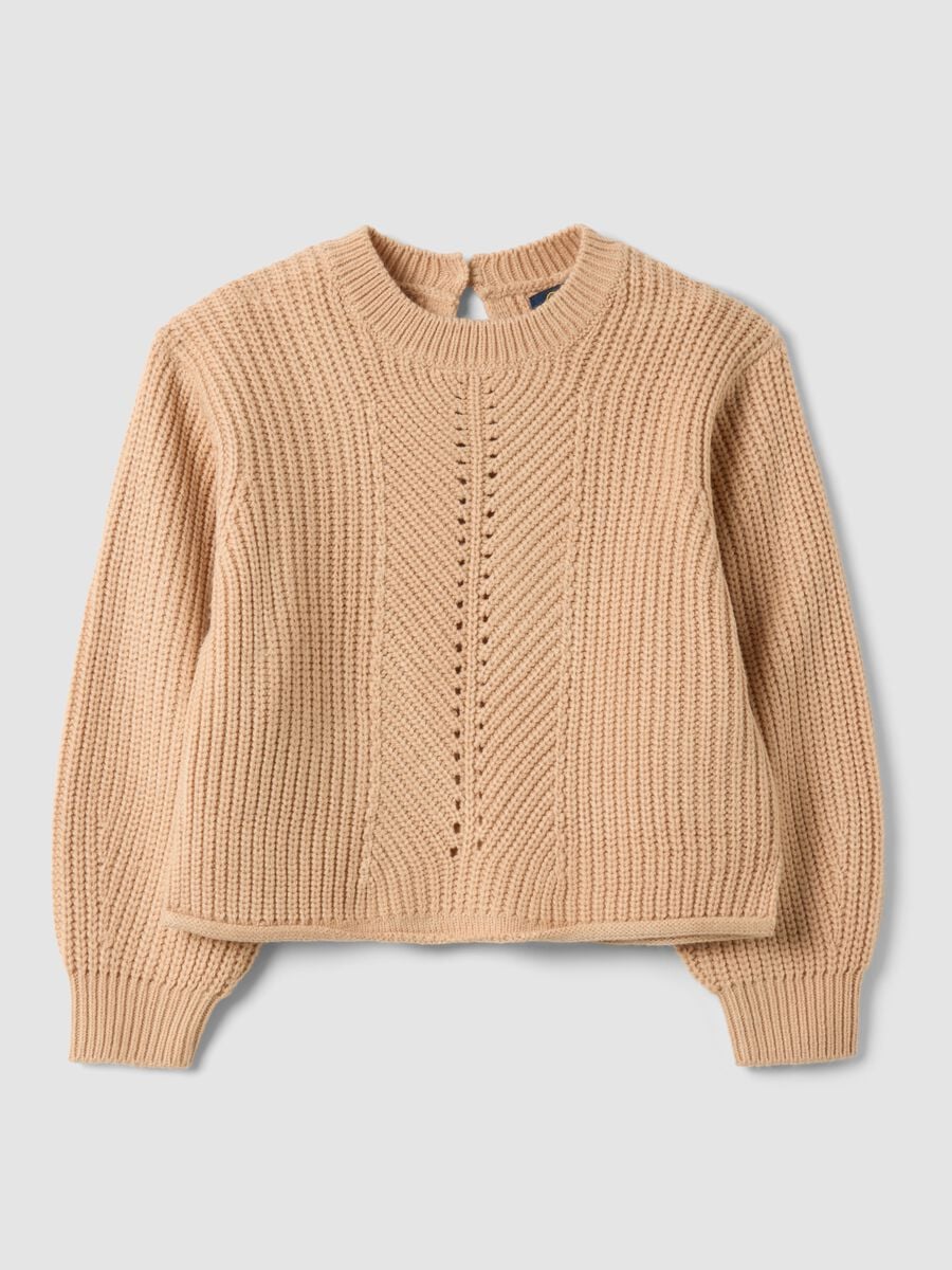 Beige knit jumper with openwork crew neck_0