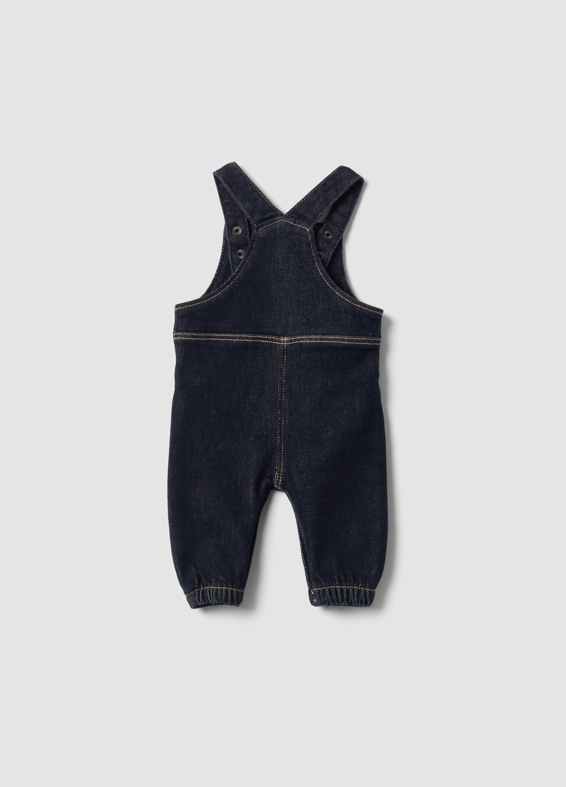 Blue stretch cotton dungarees with teddy bear embroidery for baby