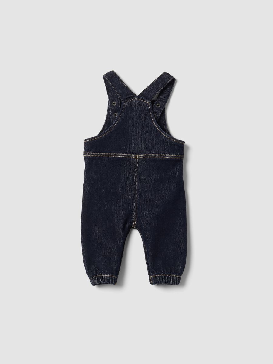 Blue stretch cotton dungarees with teddy bear embroidery for baby_1