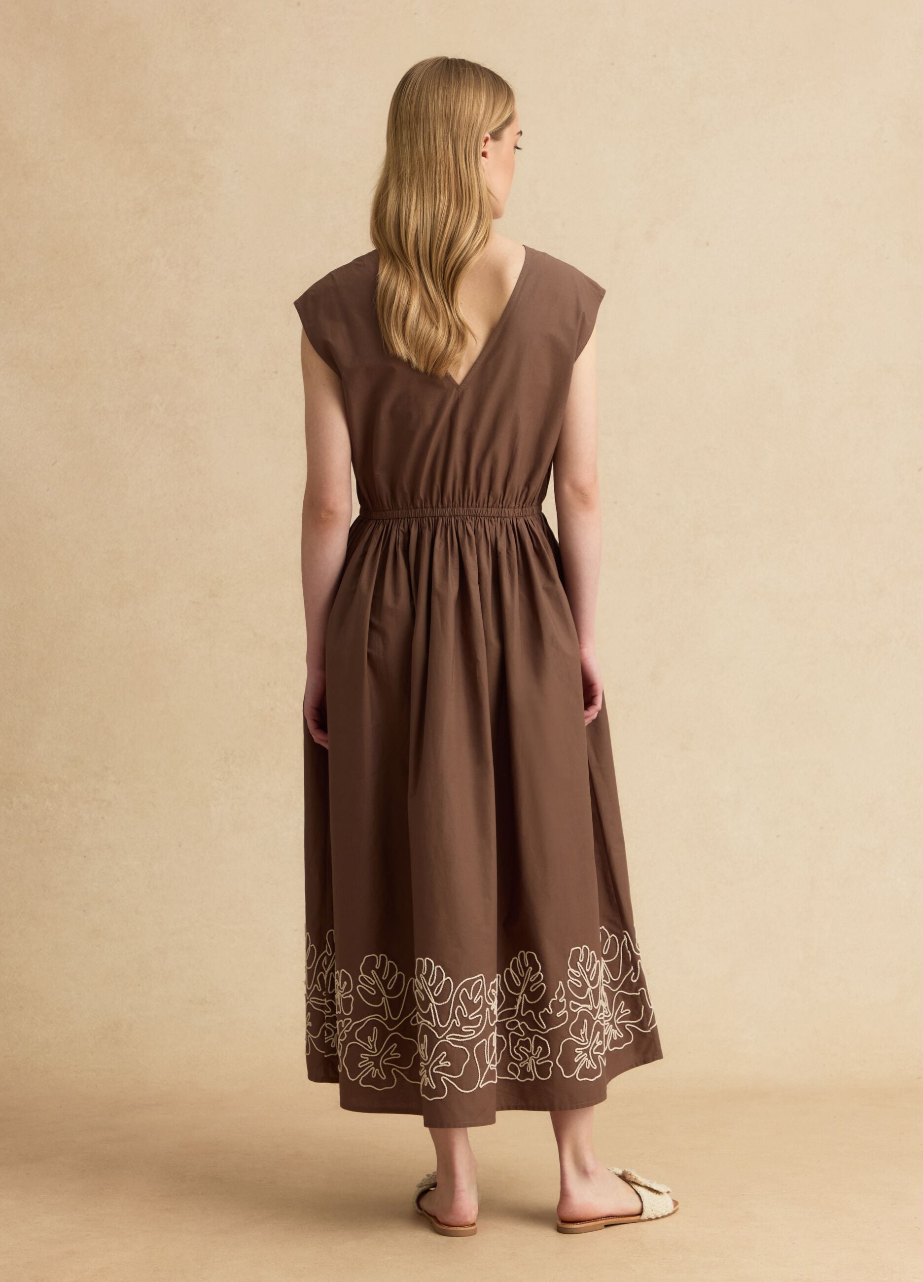 Brown pure cotton regular-fit dress with embroidery and V-neck