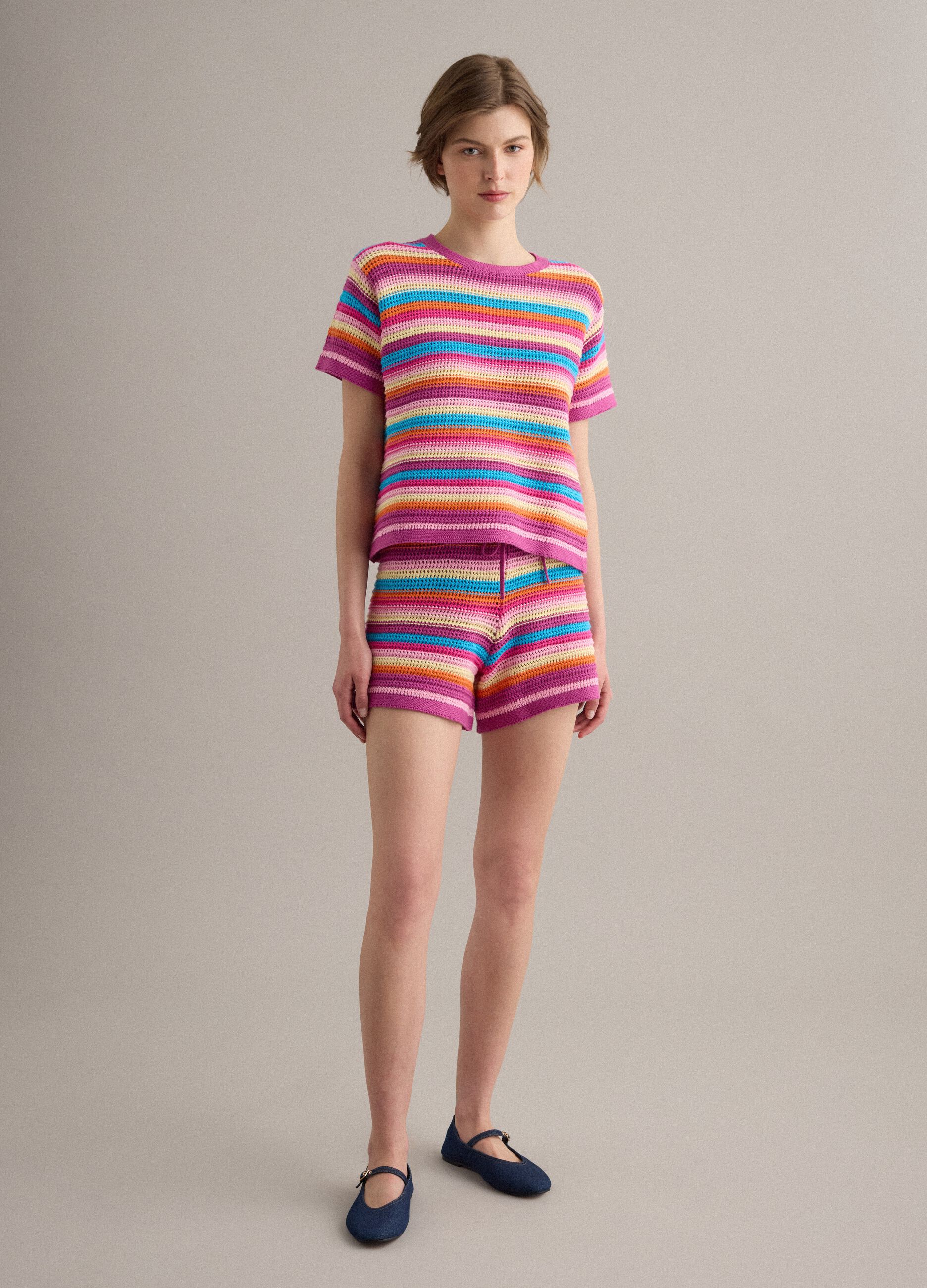 Multicolour striped pure cotton crochet shorts