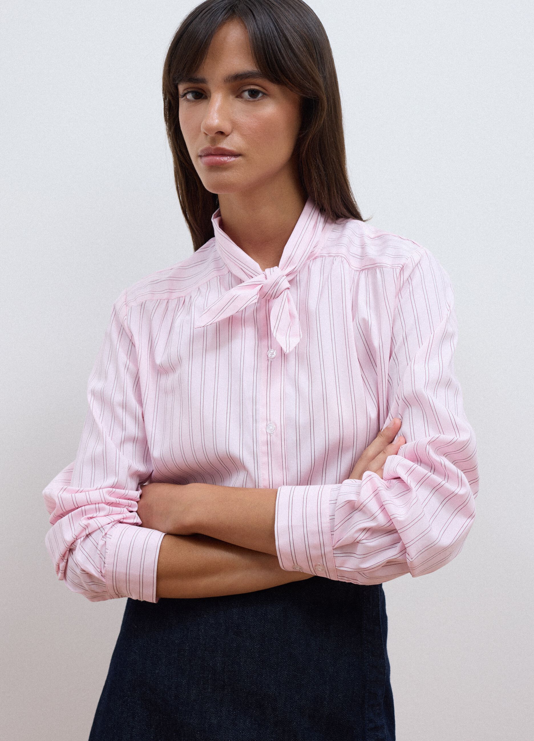 Pink striped stretch cotton shirt with bow, oversized fit