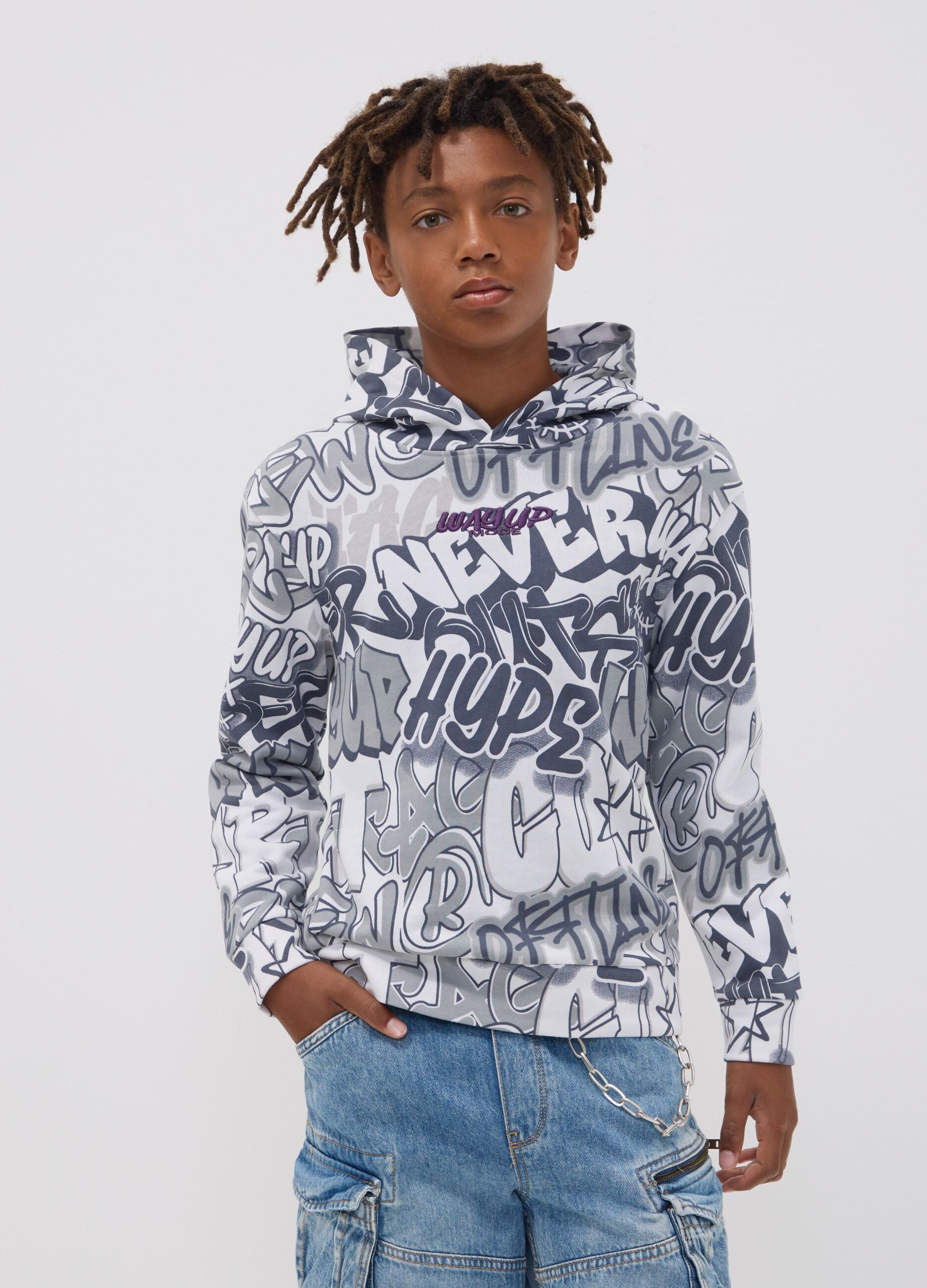 White cotton-blend hoodie with all-over graffiti print for boys