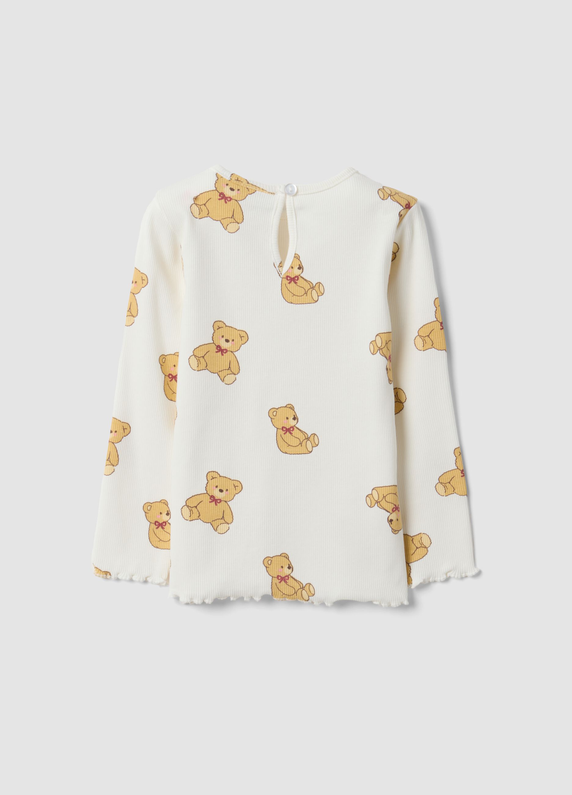 White stretchy organic cotton T-shirt with teddy bear print for baby girl