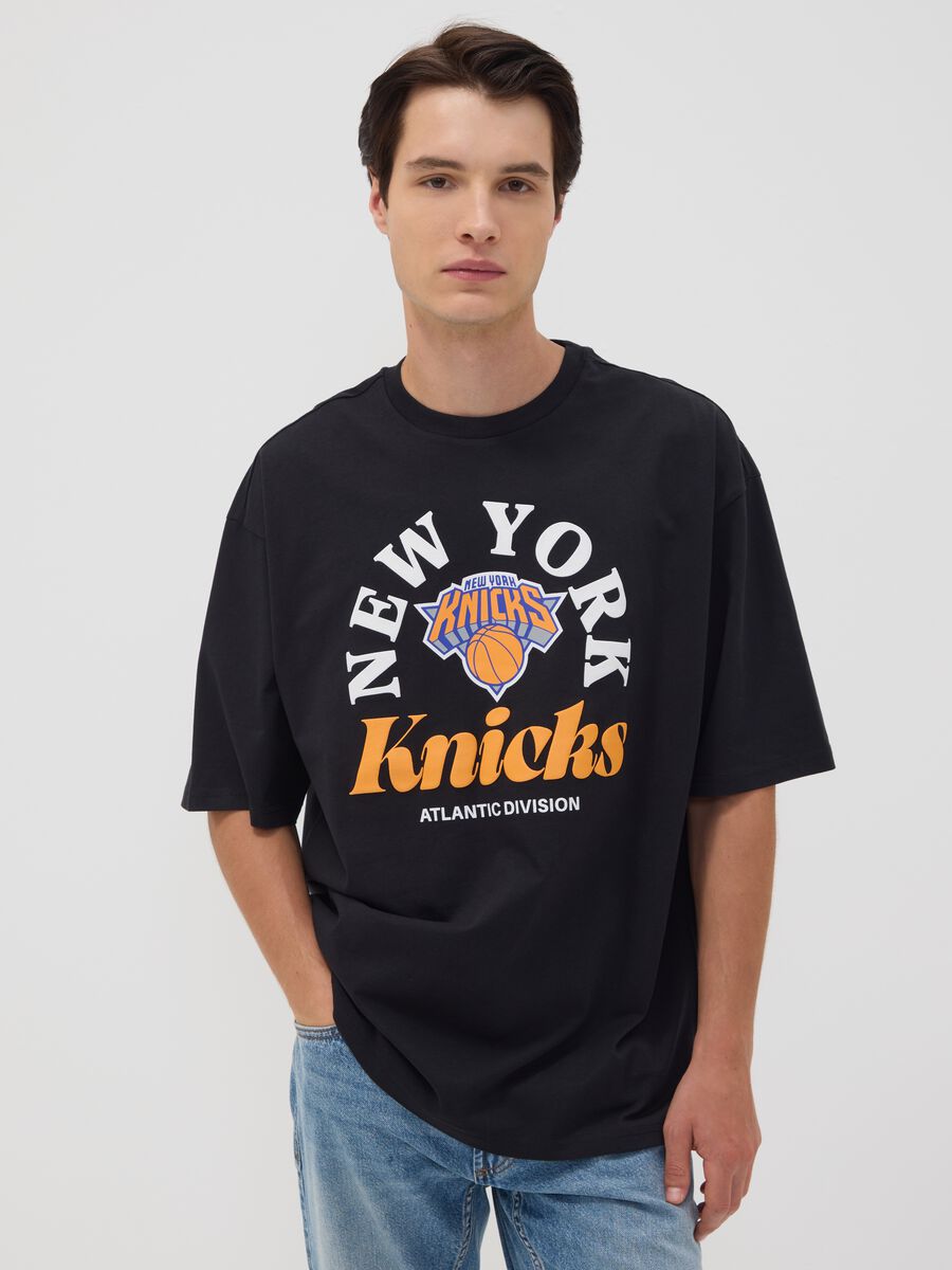 Black pure cotton T-shirt with New York Knicks print_0