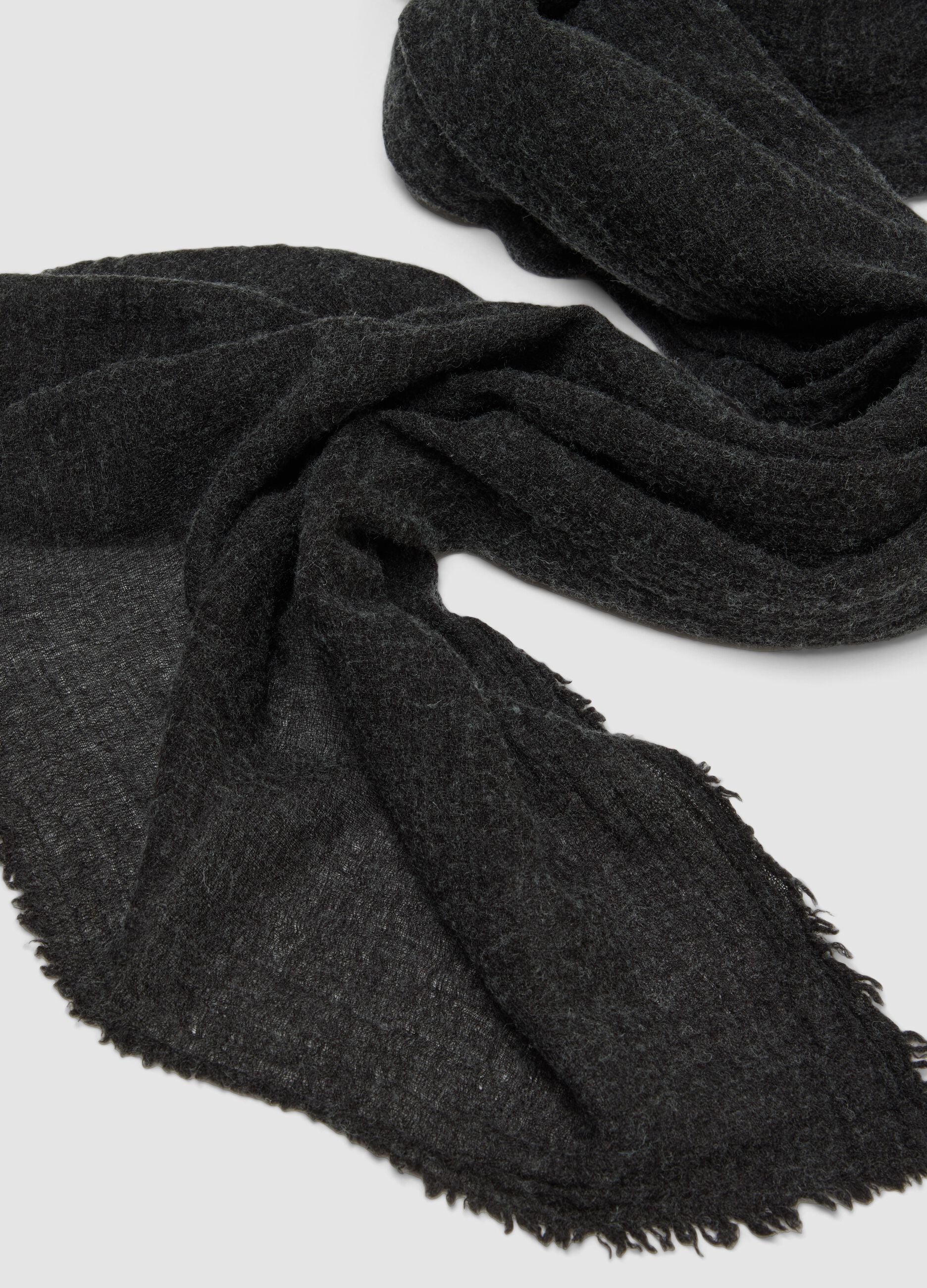 Black wool-blend scarf with fringed edges