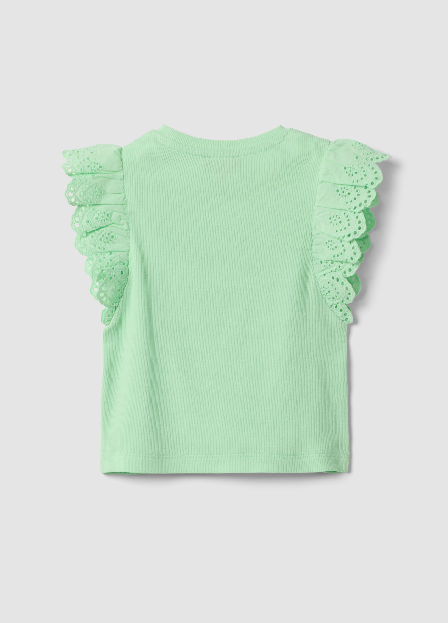 Girls&rsquo; green stretch cotton vest top with ruffles